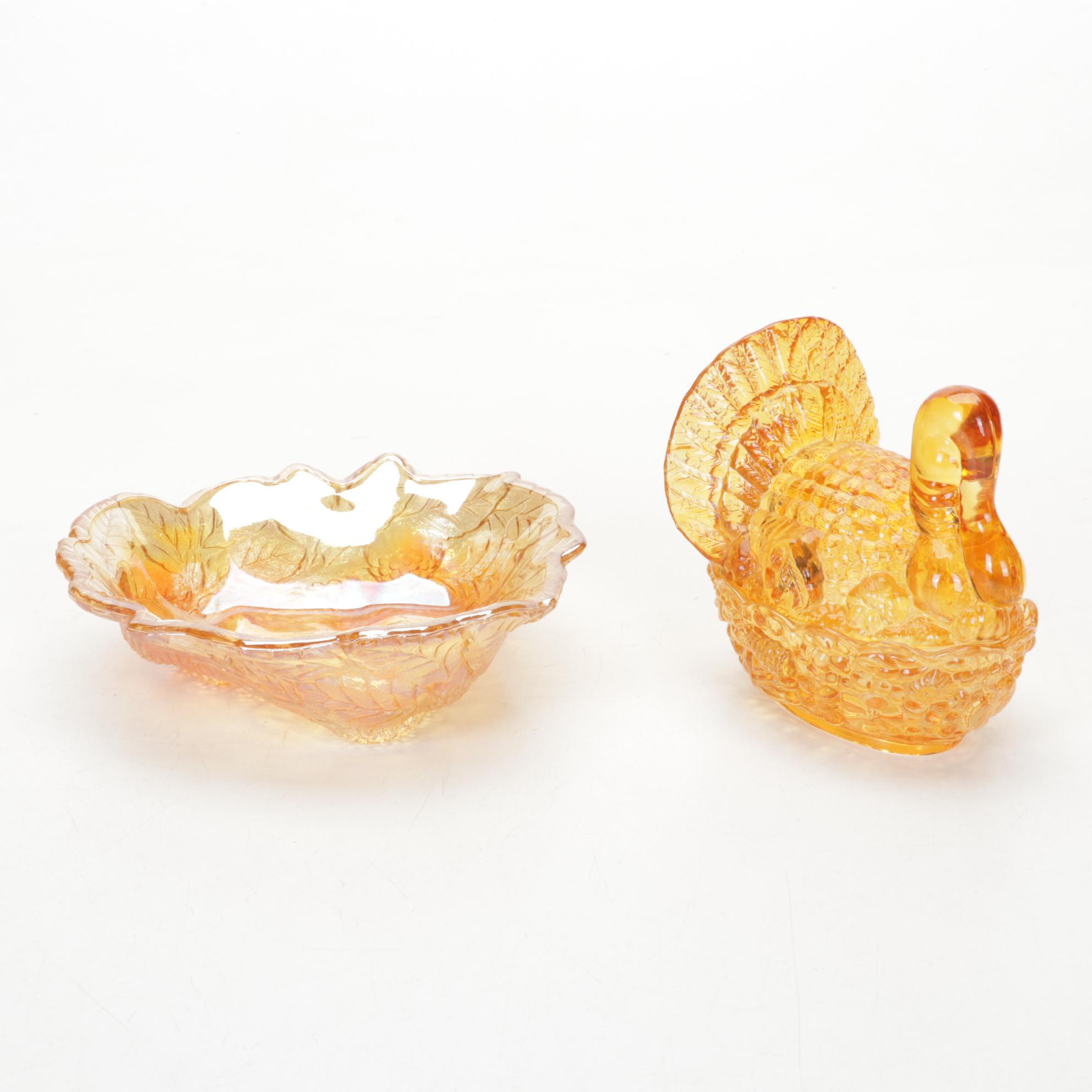Amberina, Marigold Carnival Glass With Yellow Crystal Turkey on Nest