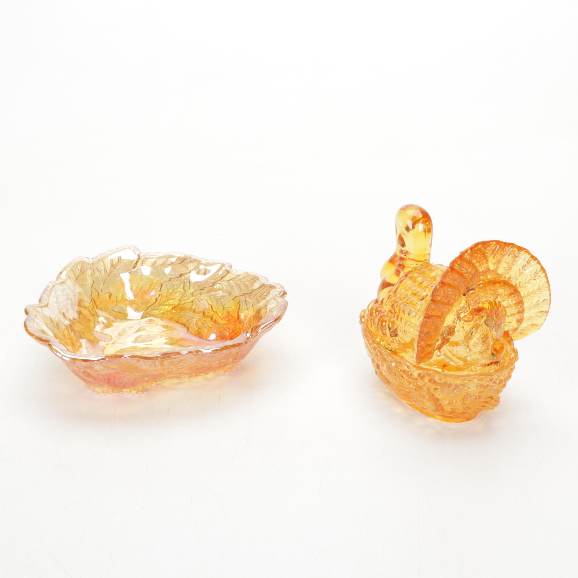 Amberina, Marigold Carnival Glass With Yellow Crystal Turkey on Nest
