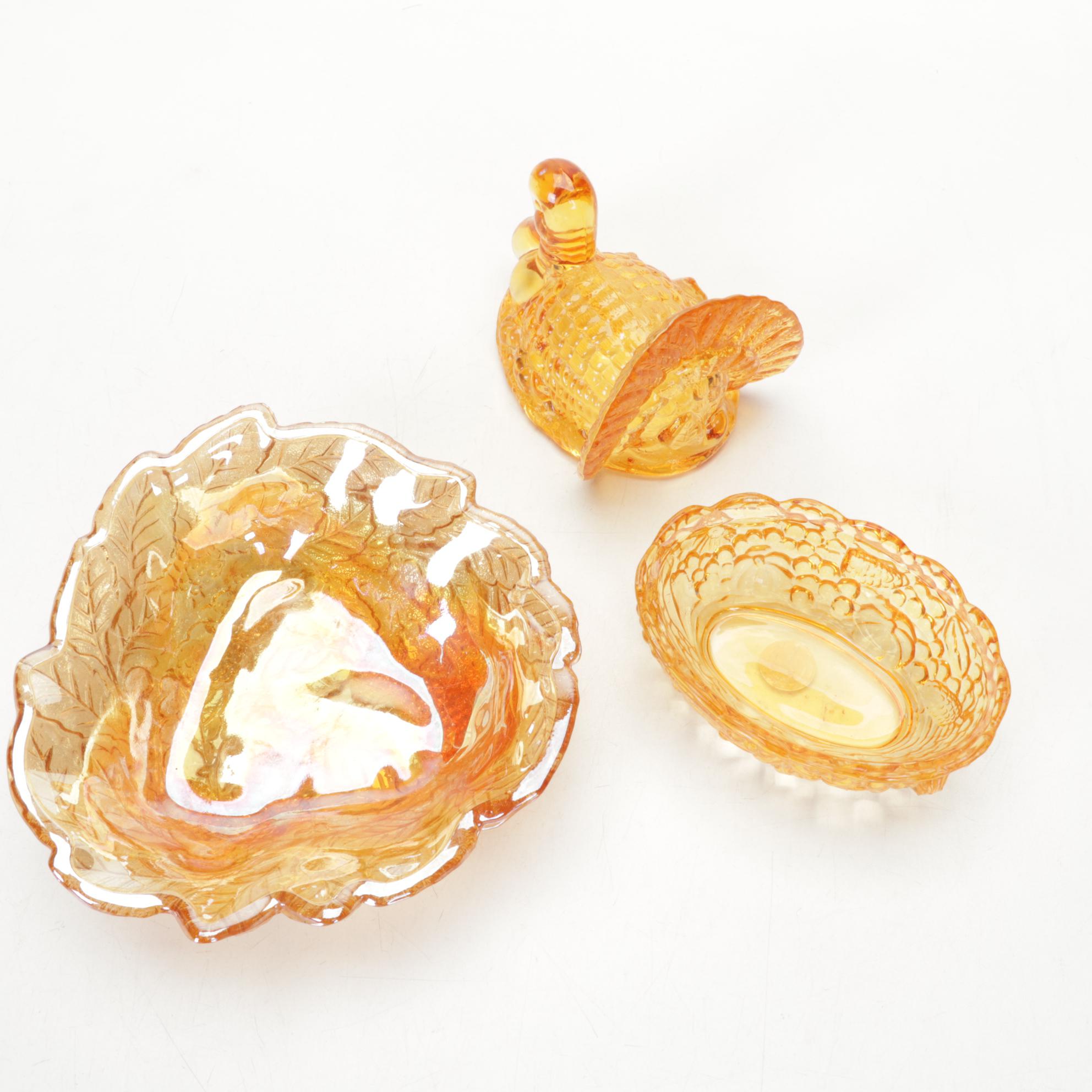 Amberina, Marigold Carnival Glass With Yellow Crystal Turkey on Nest