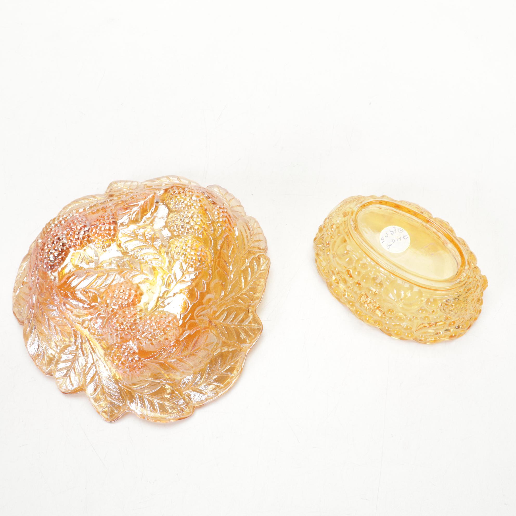 Amberina, Marigold Carnival Glass With Yellow Crystal Turkey on Nest