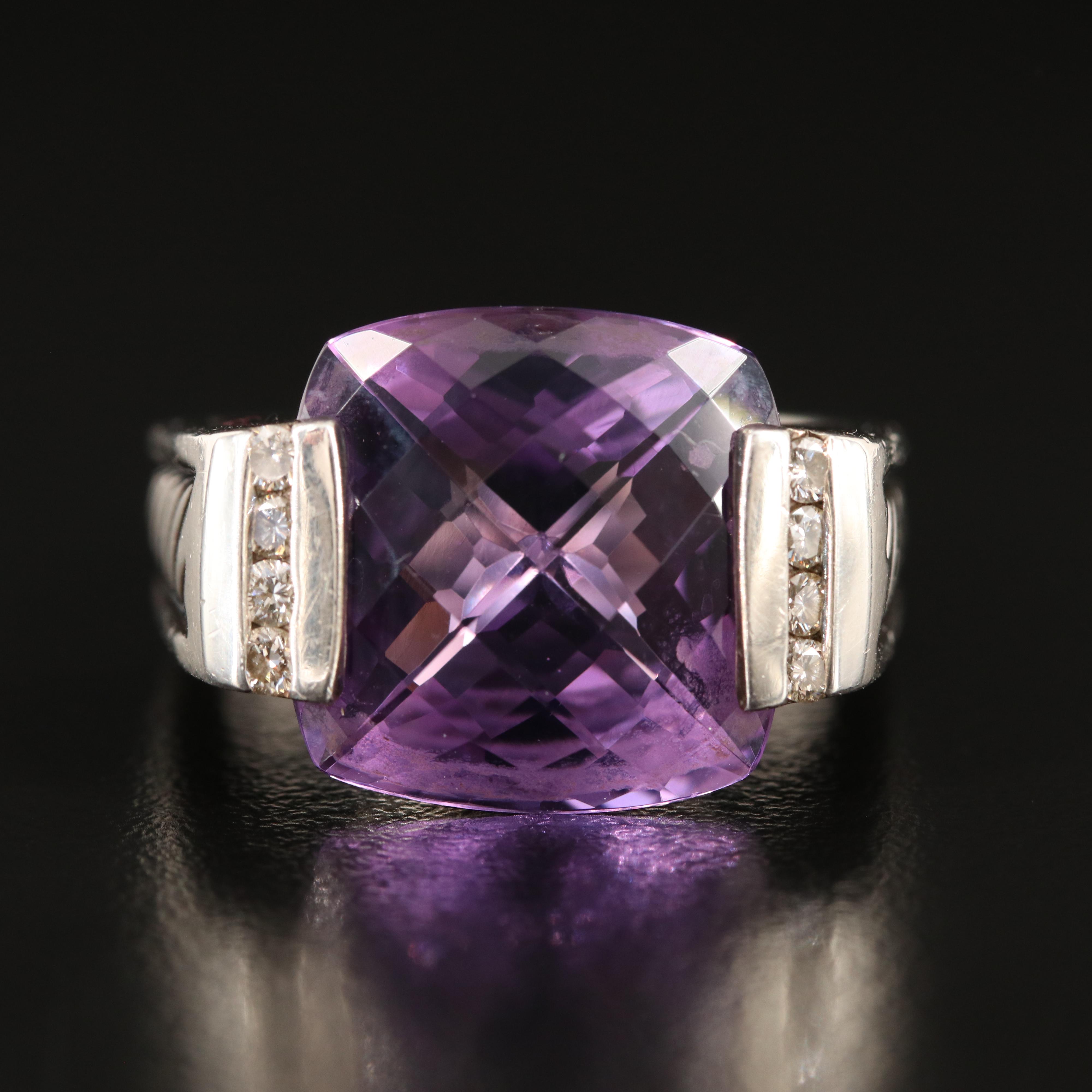 David Yurman "Deco" Sterling Amethyst and Diamond Ring