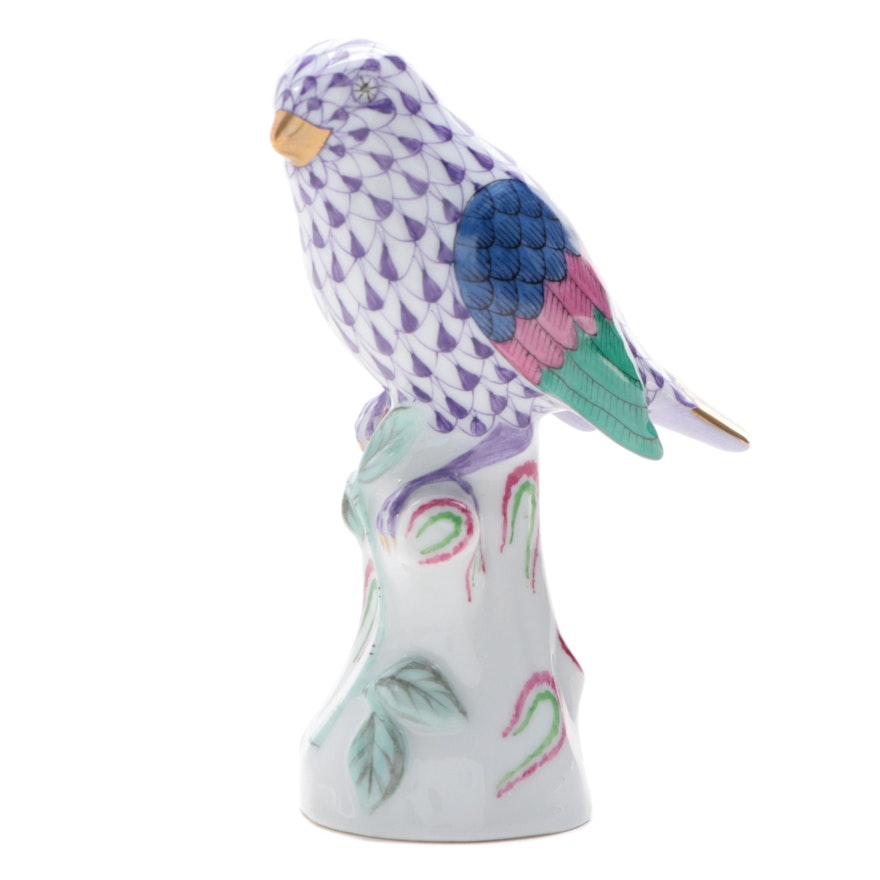 Herend 175th Anniversary Lilac Fishnet with Gold "Small Bird" Porcelain Figurine