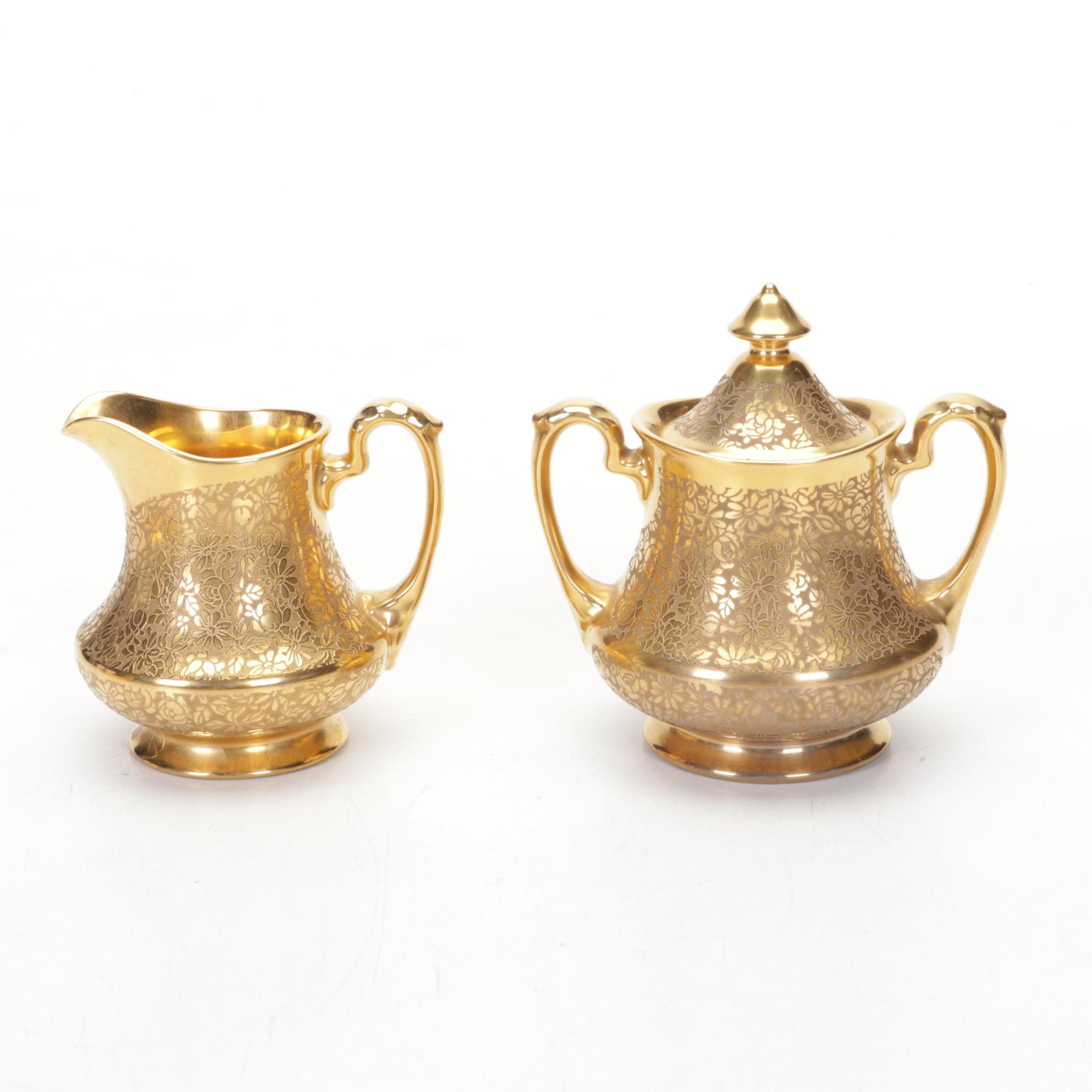 Pickard China "Rose and Daisy" and "Honeysuckle" Porcelain Creamer, Sugar, Tray