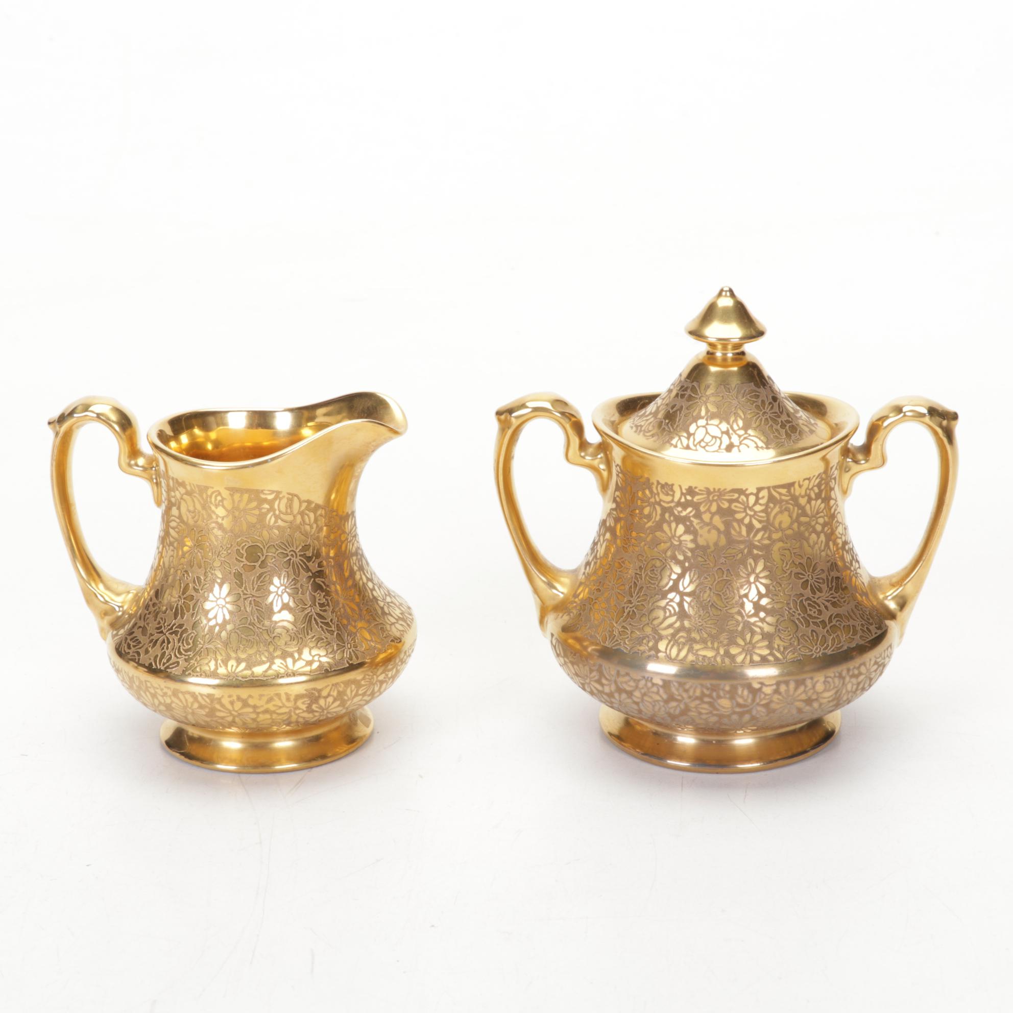 Pickard China "Rose and Daisy" and "Honeysuckle" Porcelain Creamer, Sugar, Tray