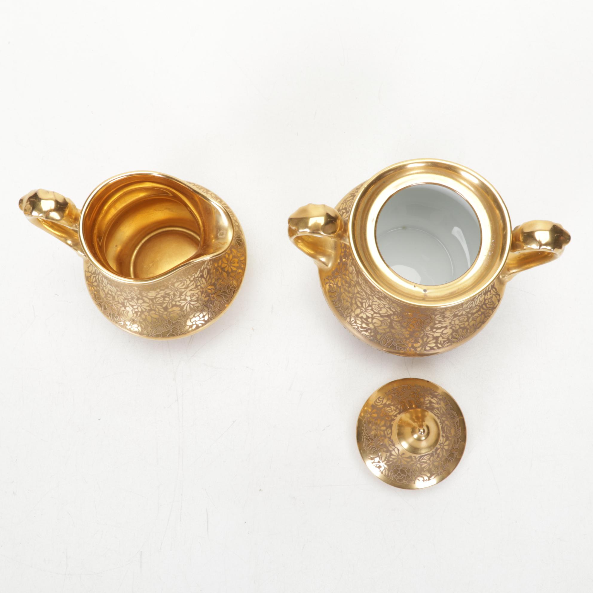 Pickard China "Rose and Daisy" and "Honeysuckle" Porcelain Creamer, Sugar, Tray