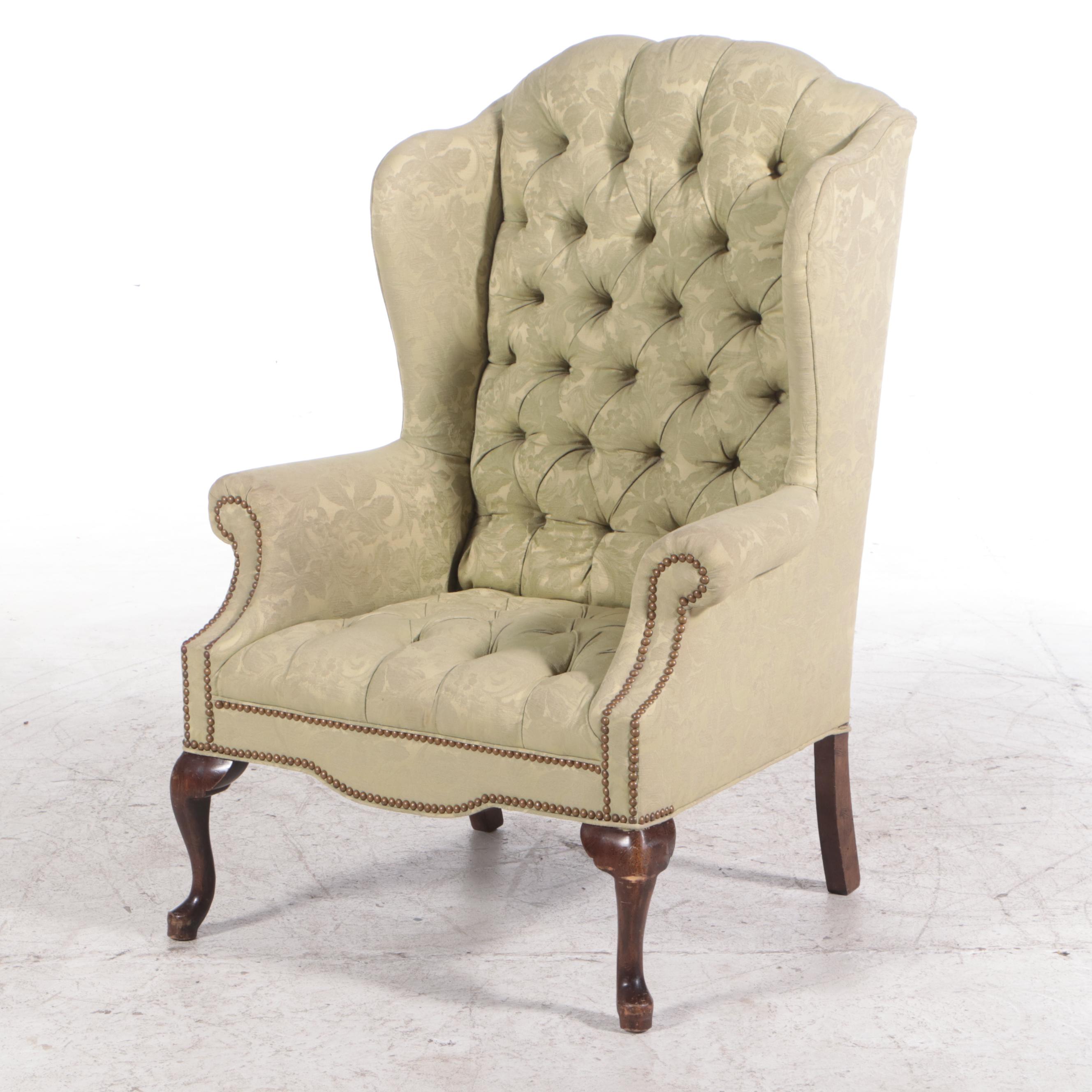 Queen Anne Style Brocade-Upholstered Tufted Armchair and Footstool