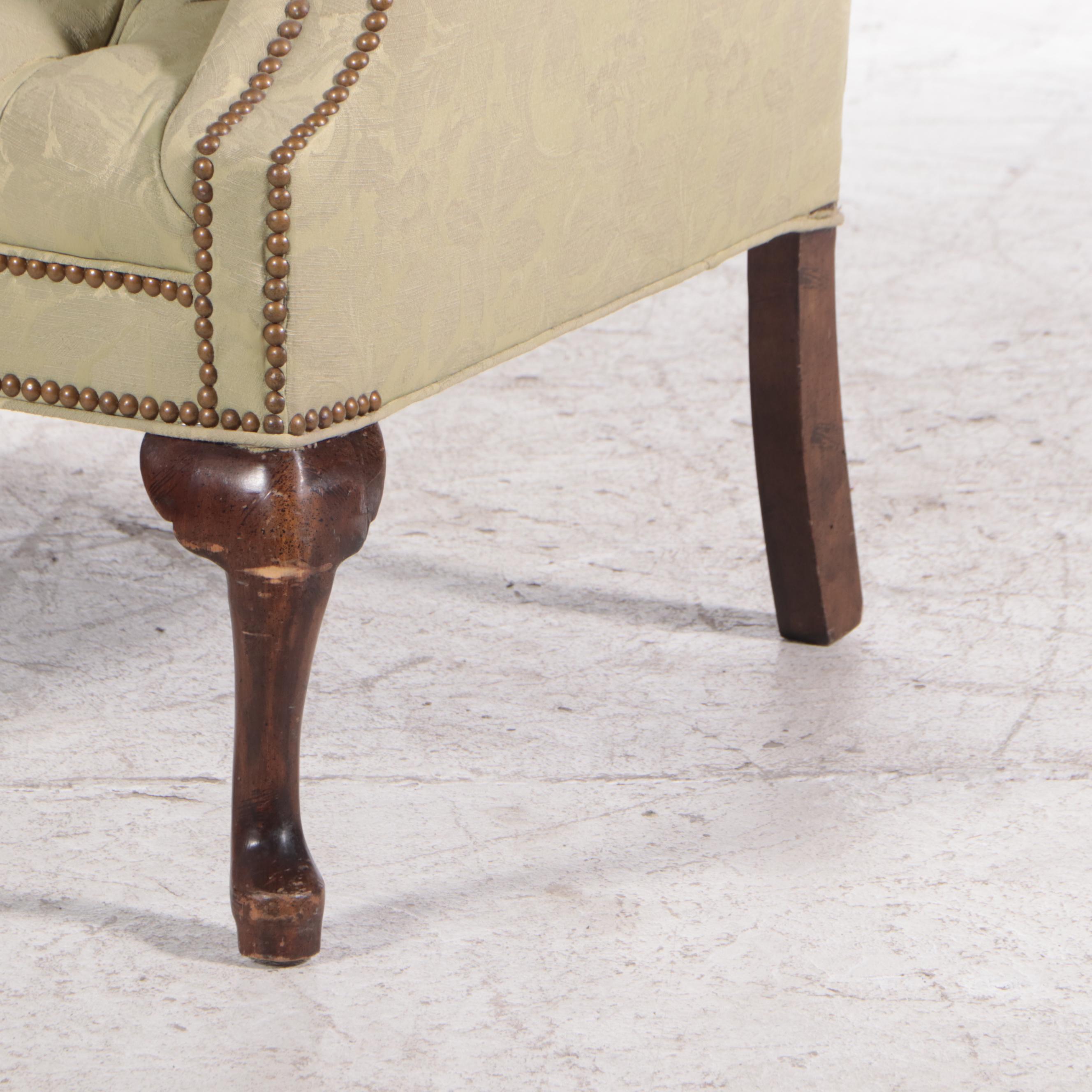 Queen Anne Style Brocade-Upholstered Tufted Armchair and Footstool