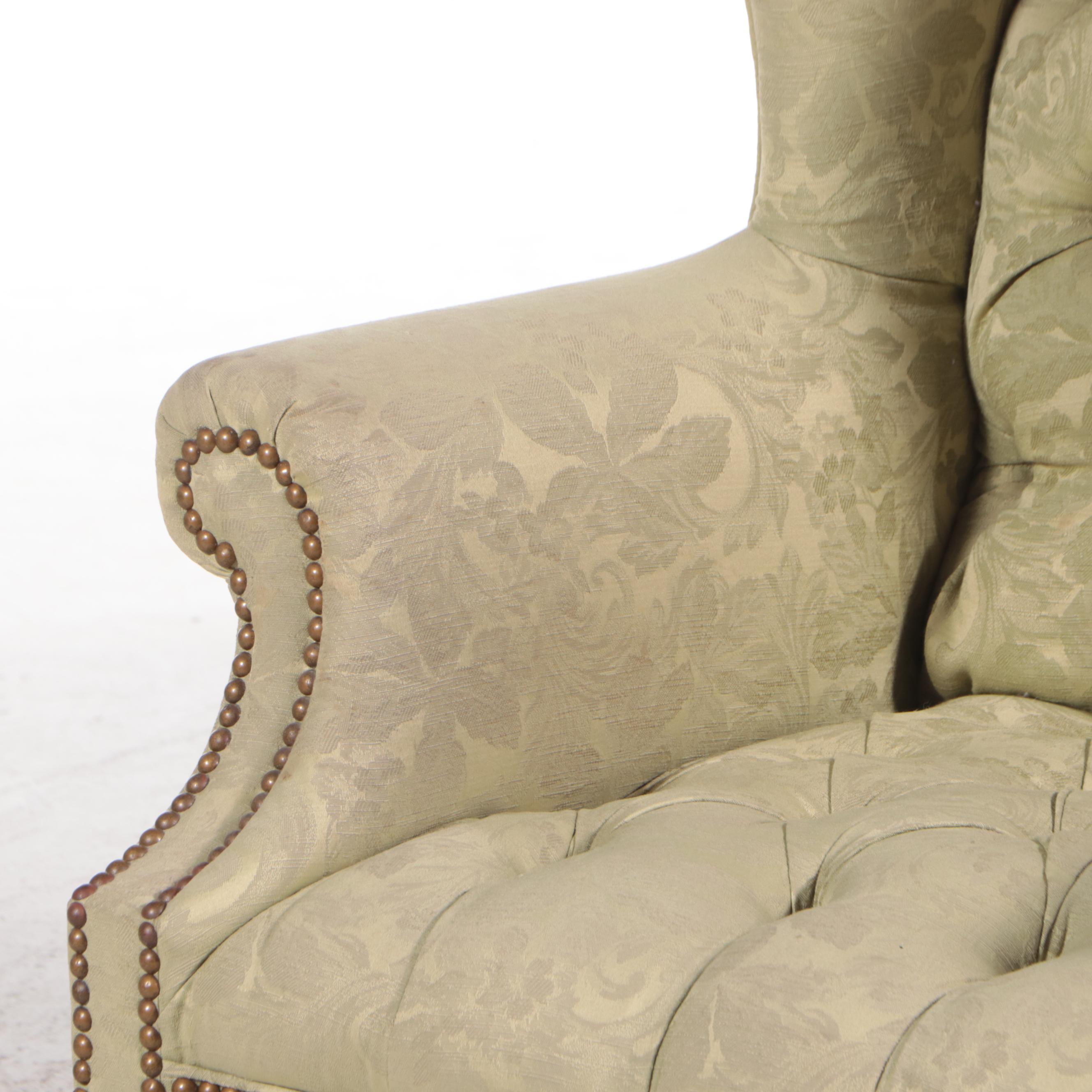 Queen Anne Style Brocade-Upholstered Tufted Armchair and Footstool