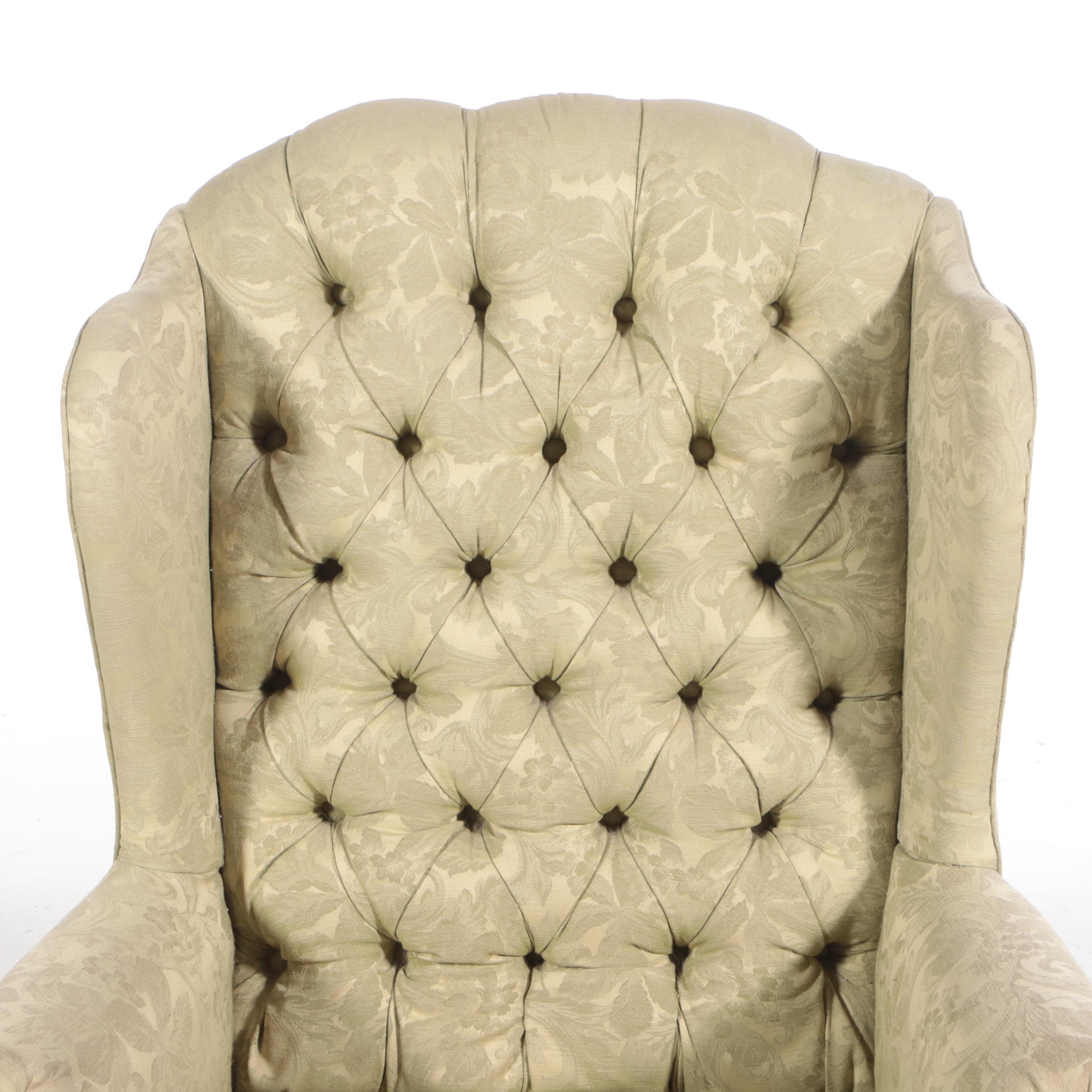 Queen Anne Style Brocade-Upholstered Tufted Armchair and Footstool
