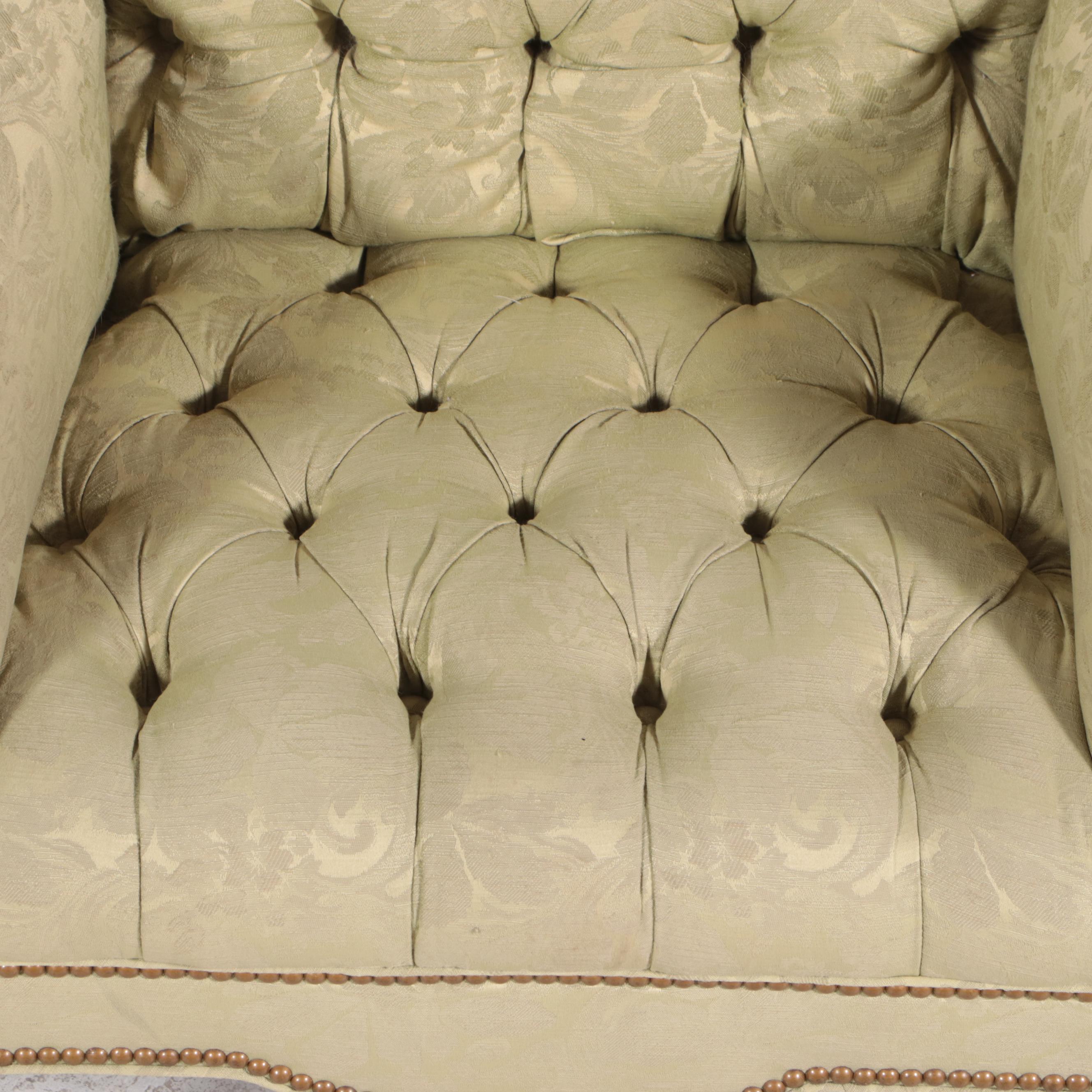 Queen Anne Style Brocade-Upholstered Tufted Armchair and Footstool