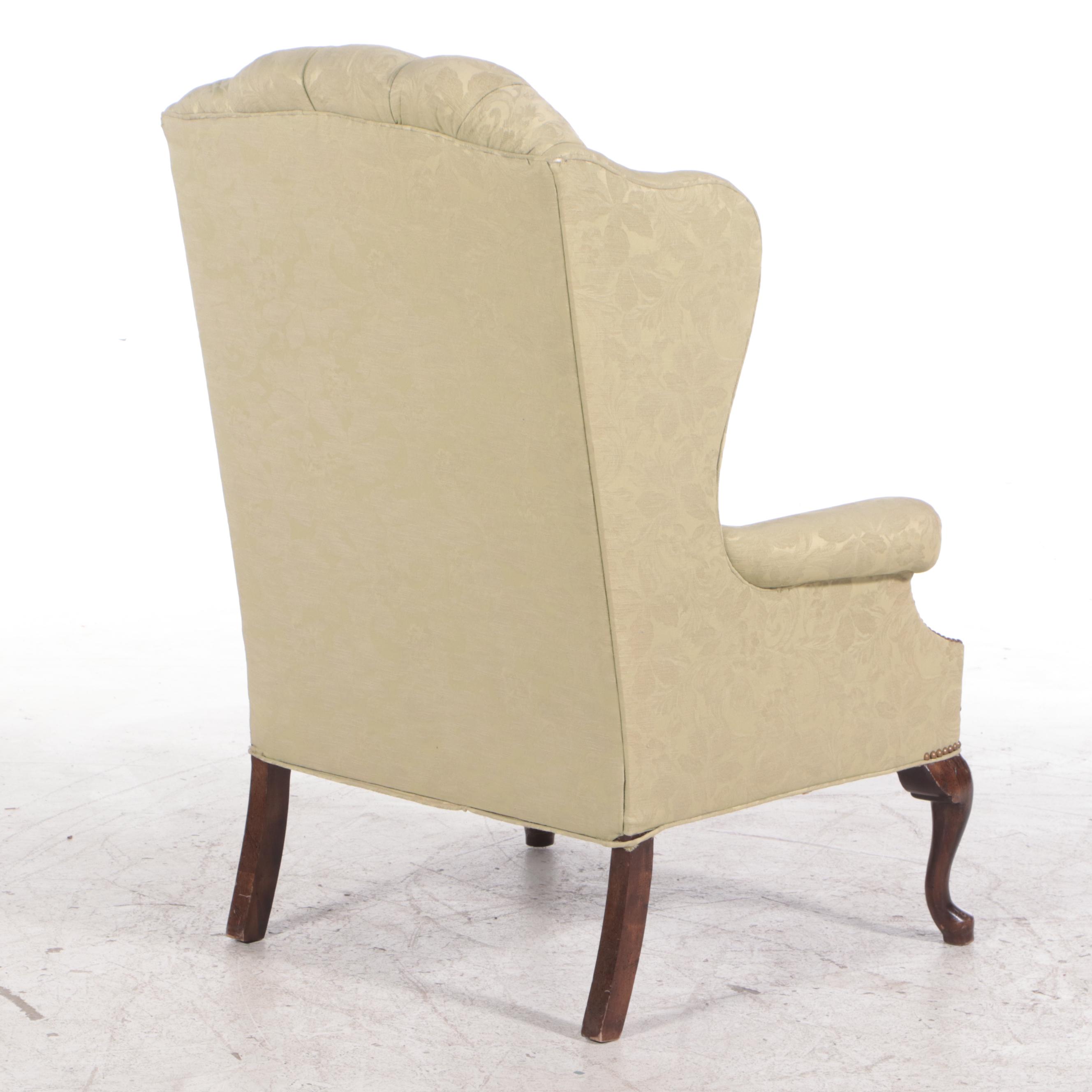 Queen Anne Style Brocade-Upholstered Tufted Armchair and Footstool