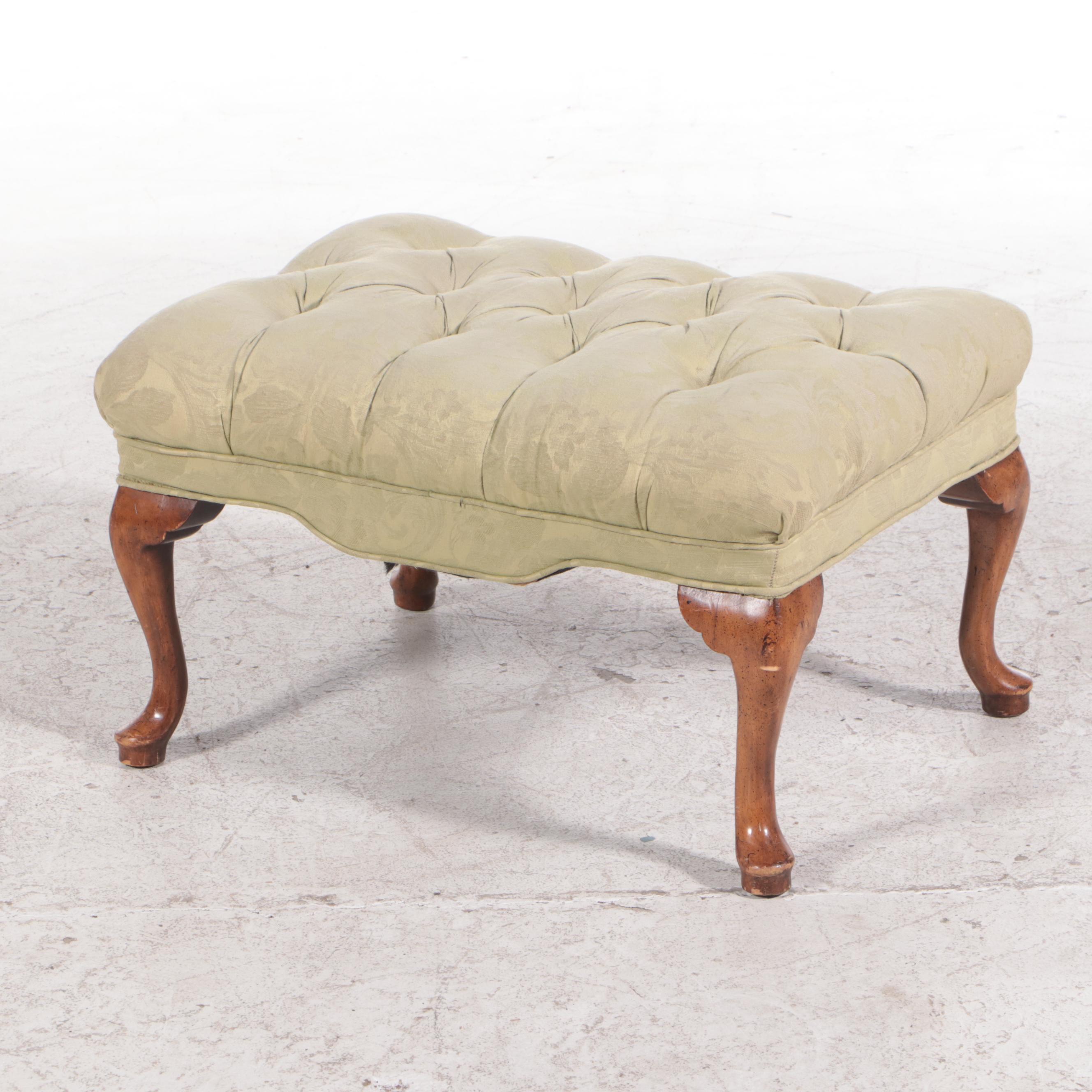 Queen Anne Style Brocade-Upholstered Tufted Armchair and Footstool