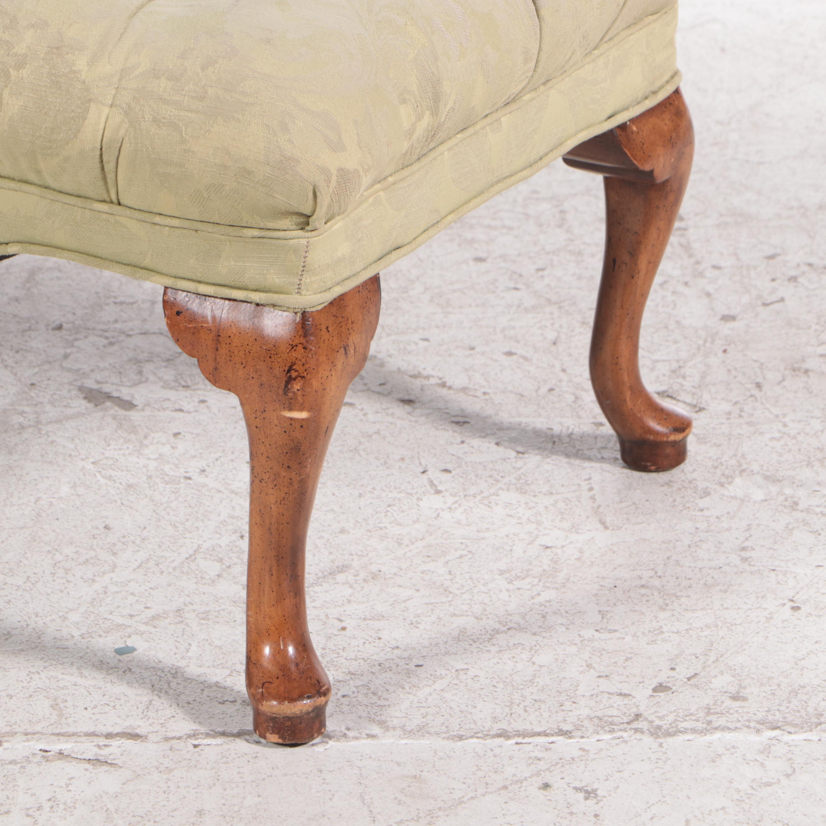 Queen Anne Style Brocade-Upholstered Tufted Armchair and Footstool