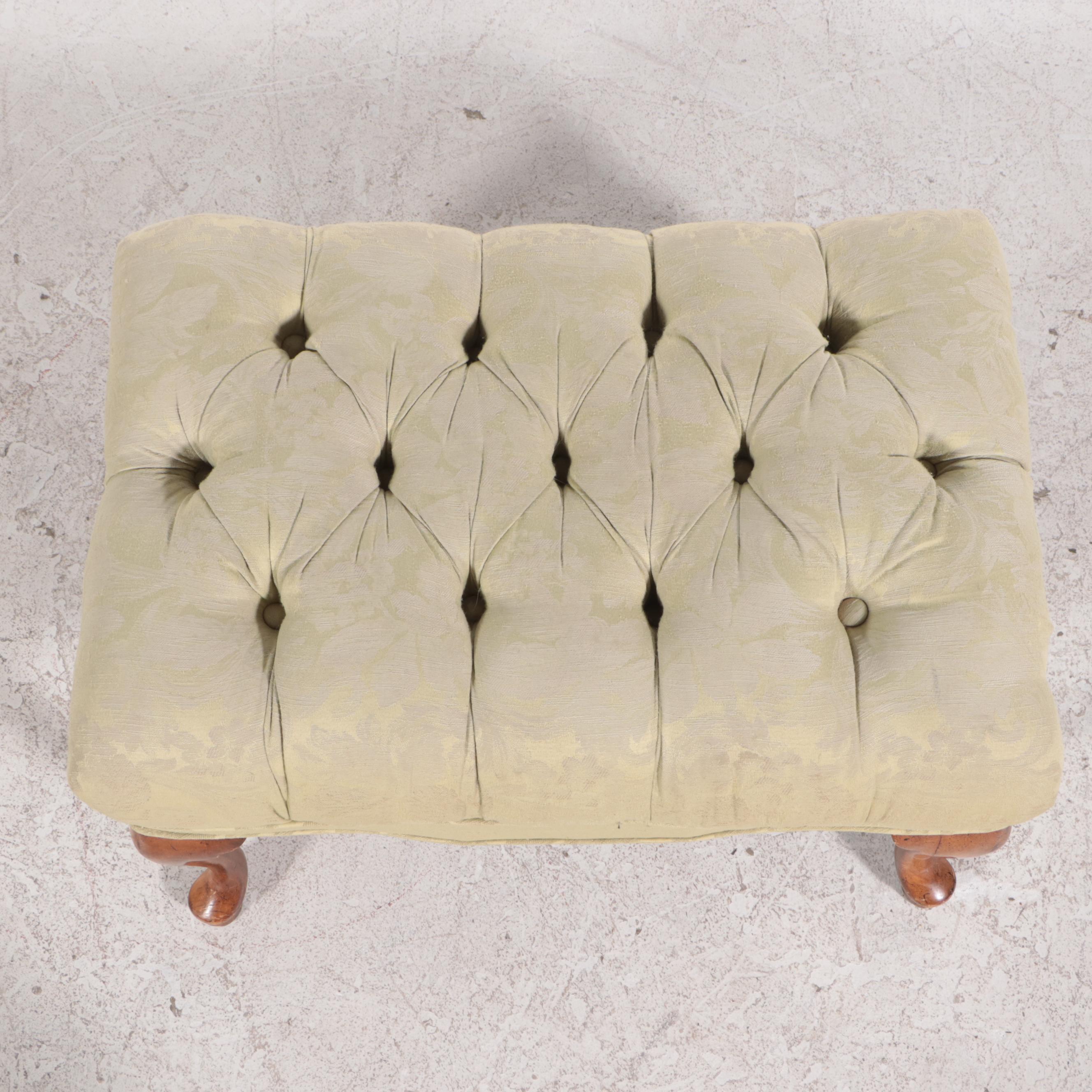 Queen Anne Style Brocade-Upholstered Tufted Armchair and Footstool