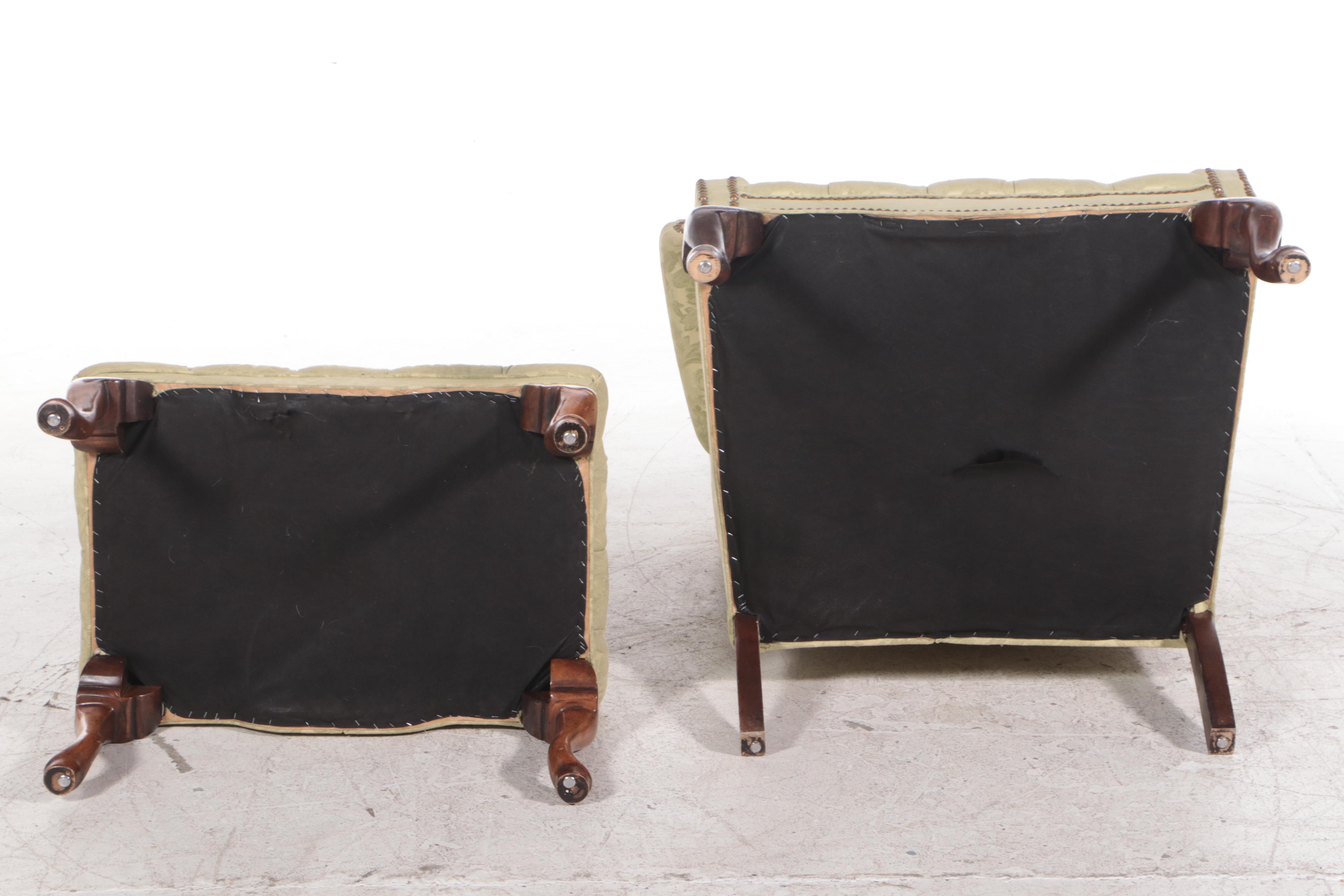 Queen Anne Style Brocade-Upholstered Tufted Armchair and Footstool