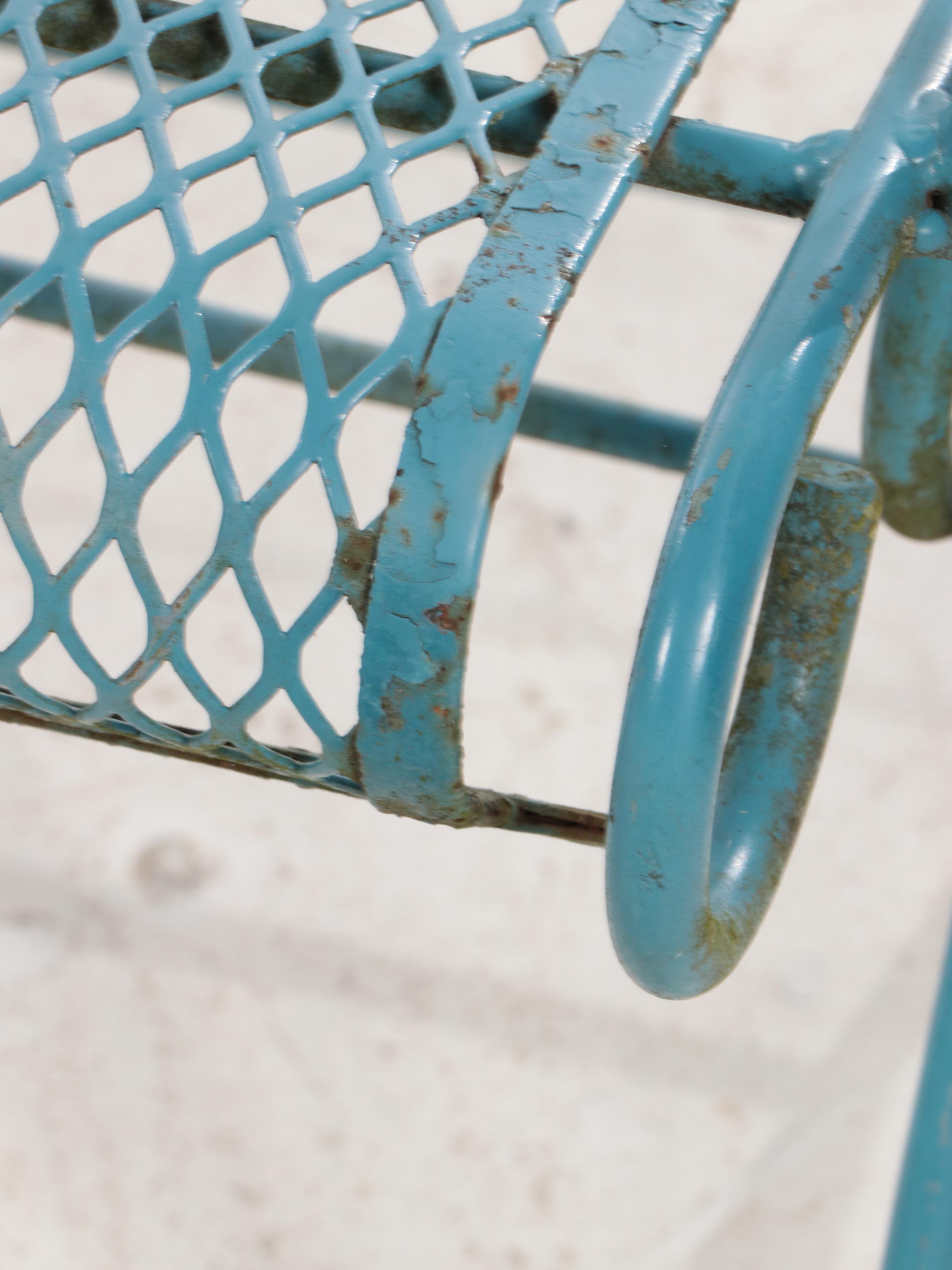 Pair of Blue-Painted Iron and Wire Mesh Patio Rocking Armchairs