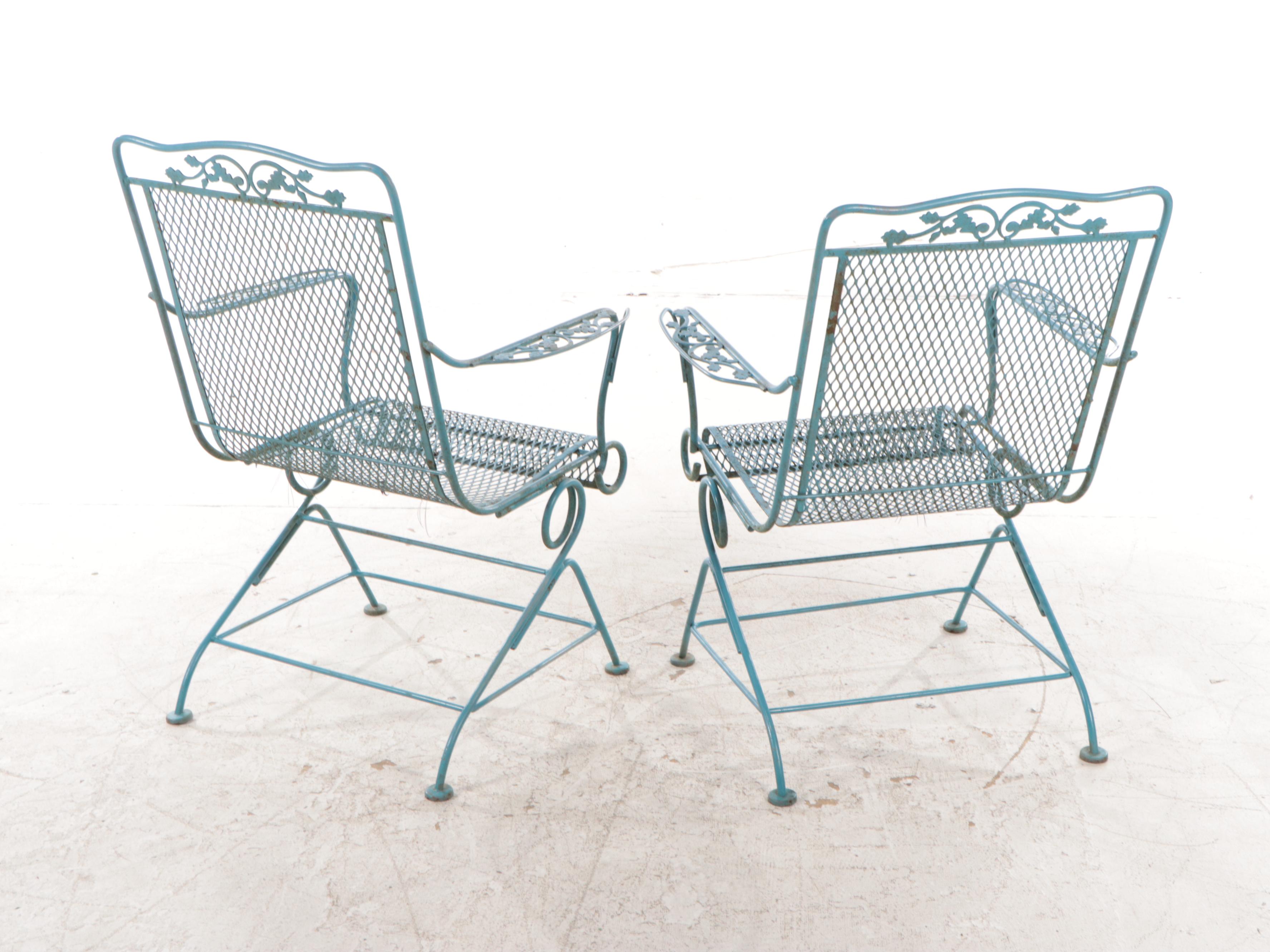 Pair of Blue-Painted Iron and Wire Mesh Patio Rocking Armchairs