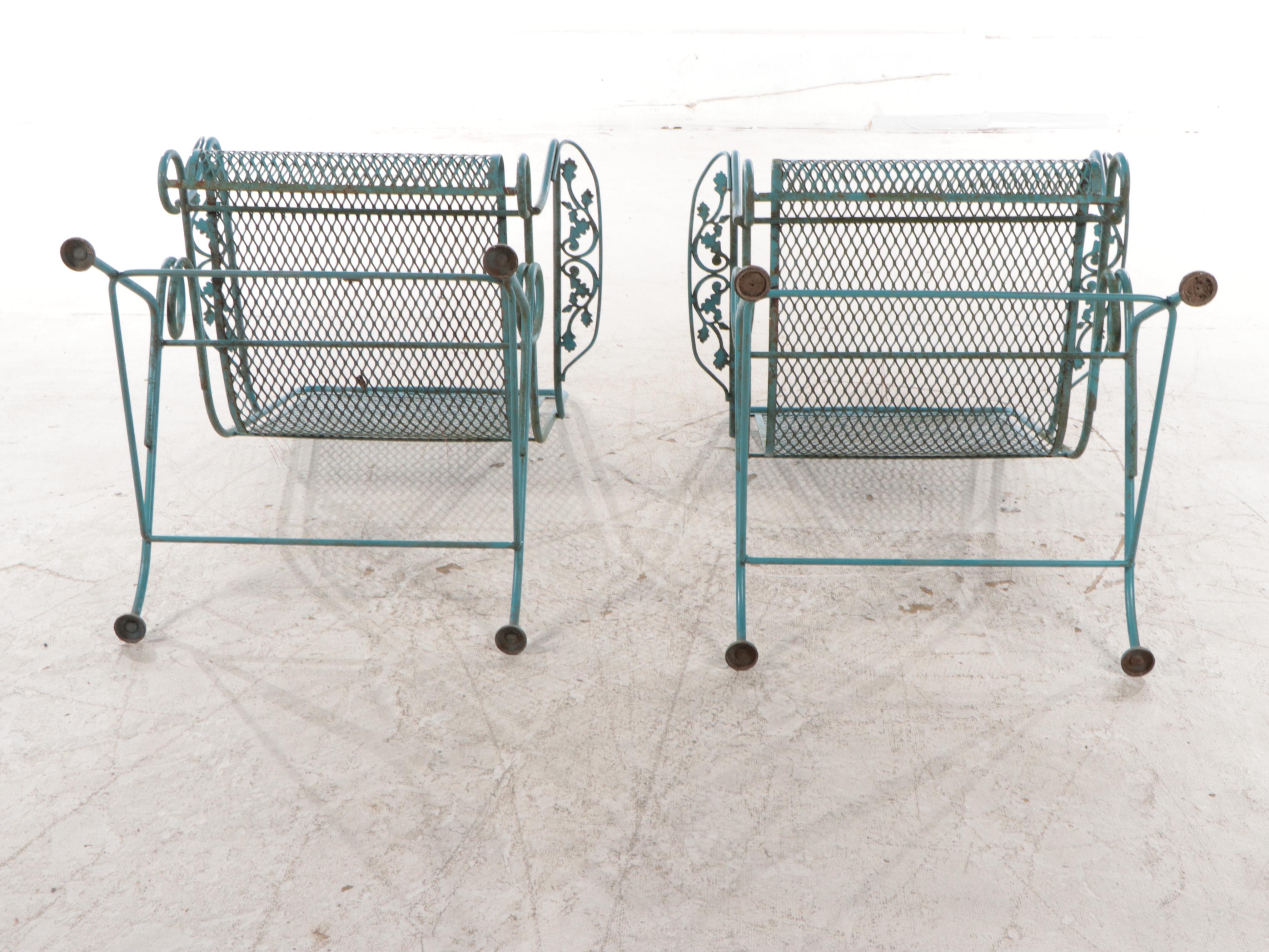 Pair of Blue-Painted Iron and Wire Mesh Patio Rocking Armchairs