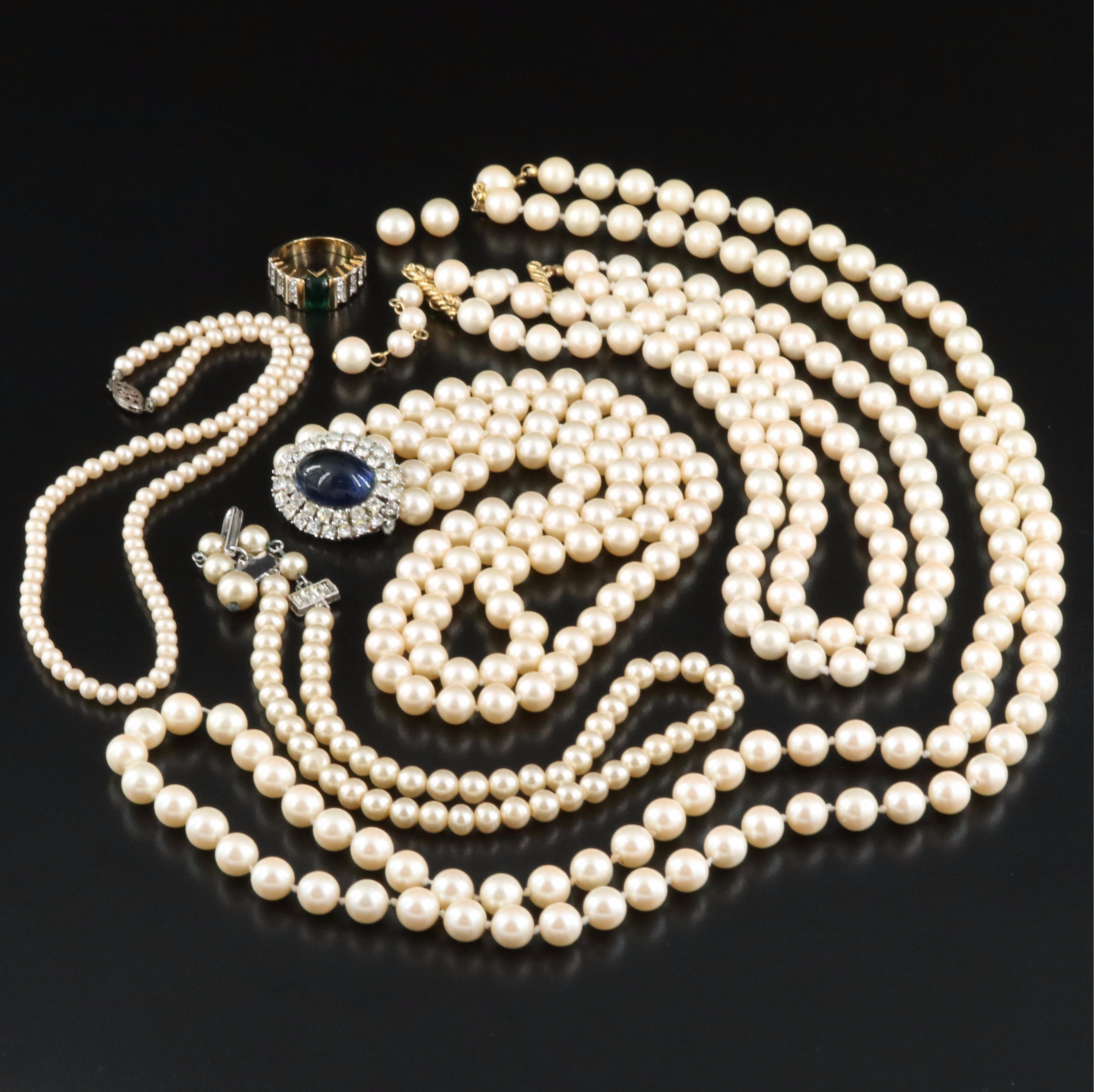 Vintage Grouping Including Crown Trifari, Faux Pearl, Rhinestone and Glass