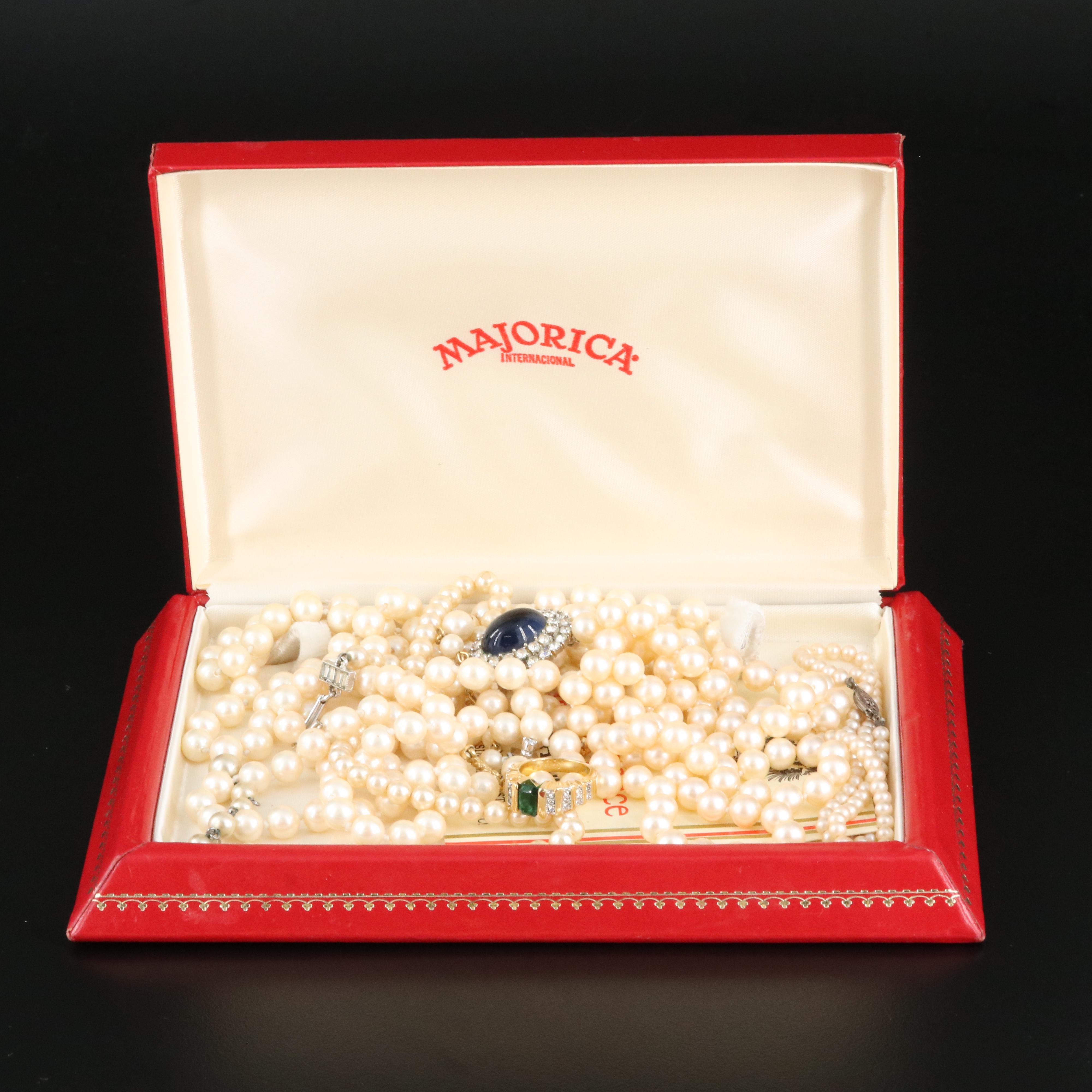 Vintage Grouping Including Crown Trifari, Faux Pearl, Rhinestone and Glass