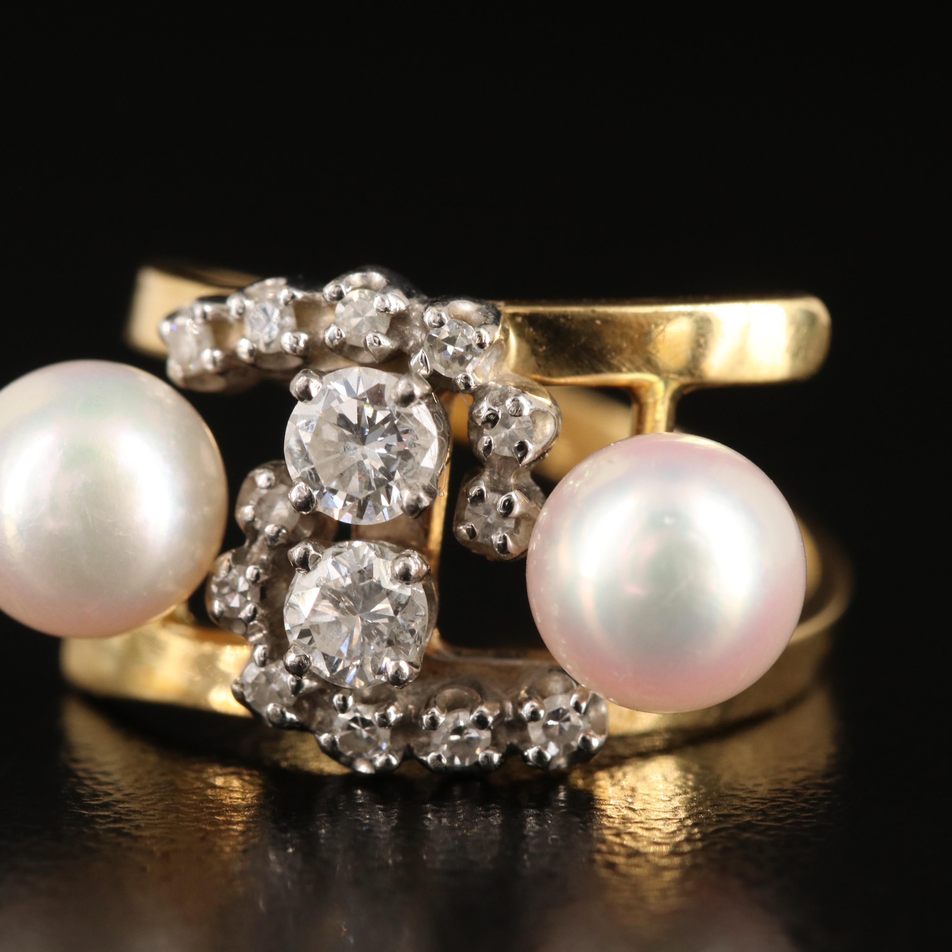 18K Pearl and Diamond Bypass Ring