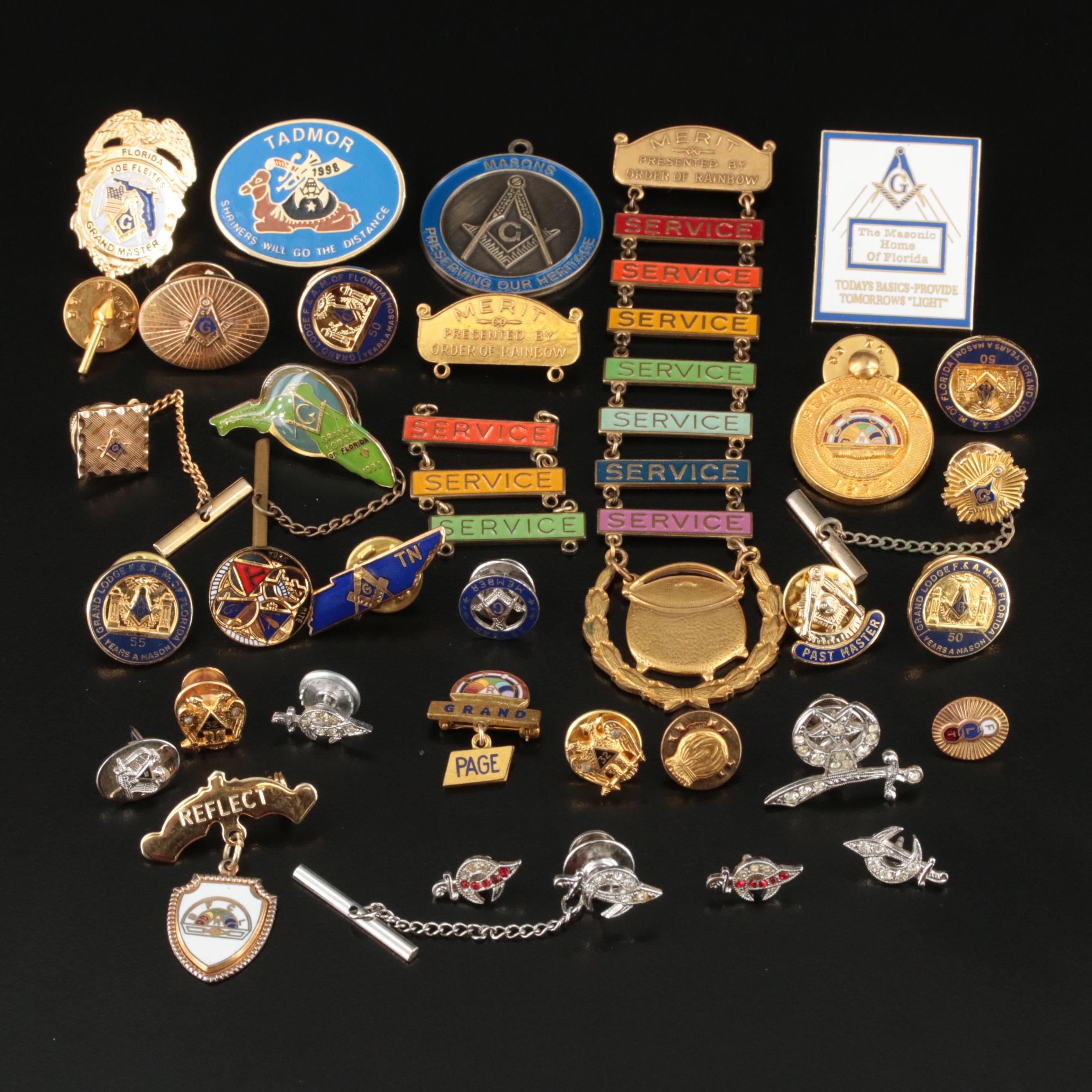 Vintage Service Recognition Pin Collection Including Masonic Pins and Tie tacks