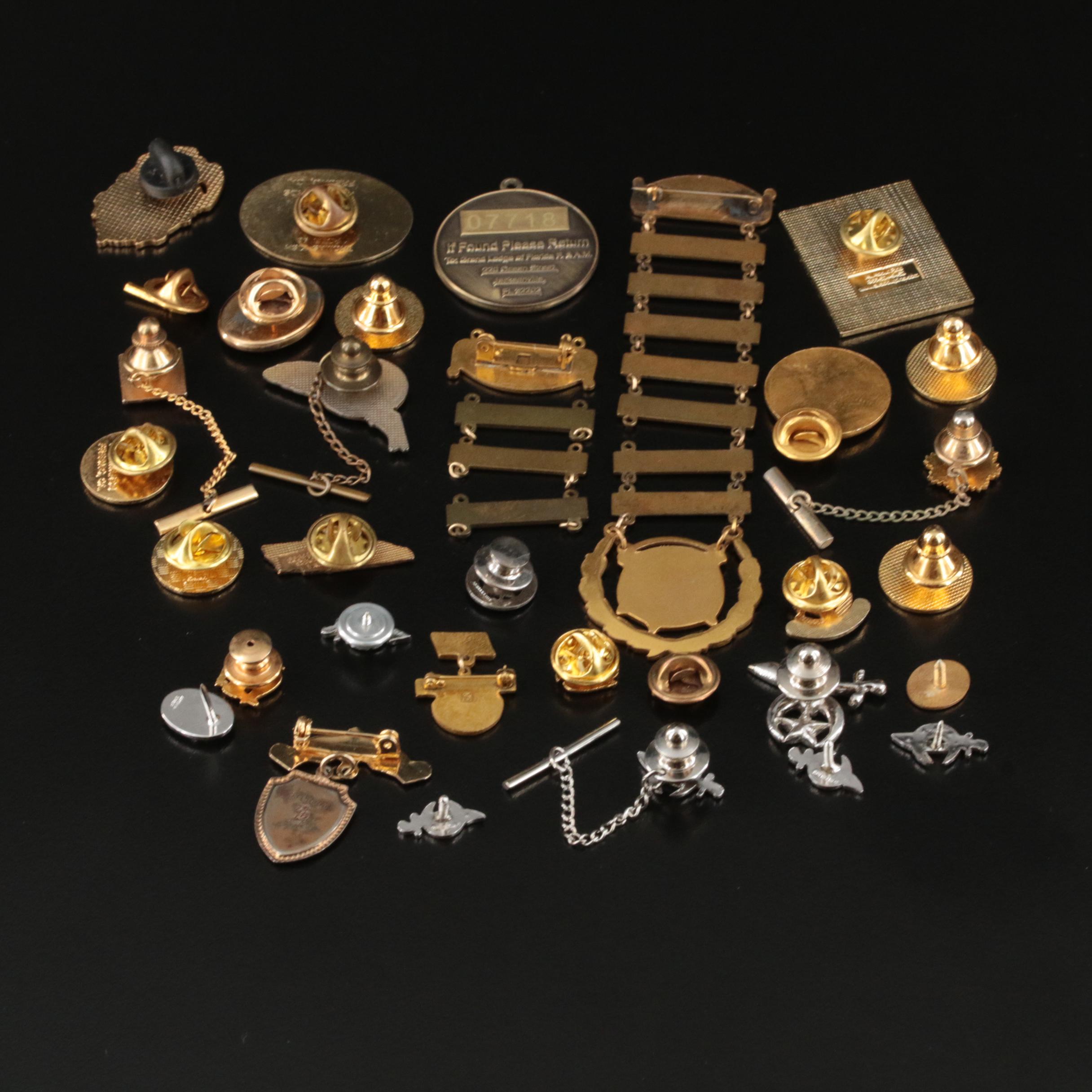 Vintage Service Recognition Pin Collection Including Masonic Pins and Tie tacks