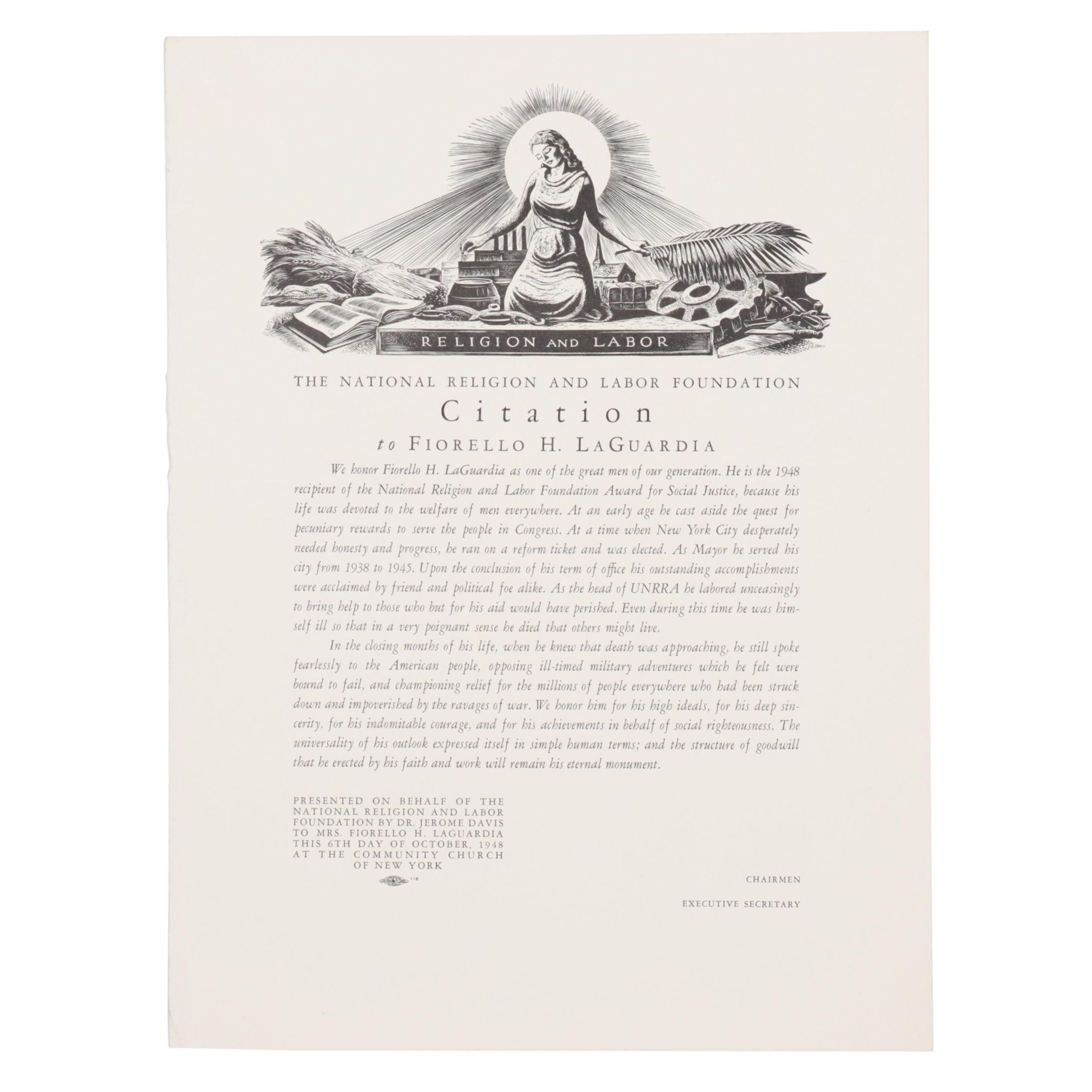 Lynd Ward Woodcut "Religion and Labor," Circa 1948