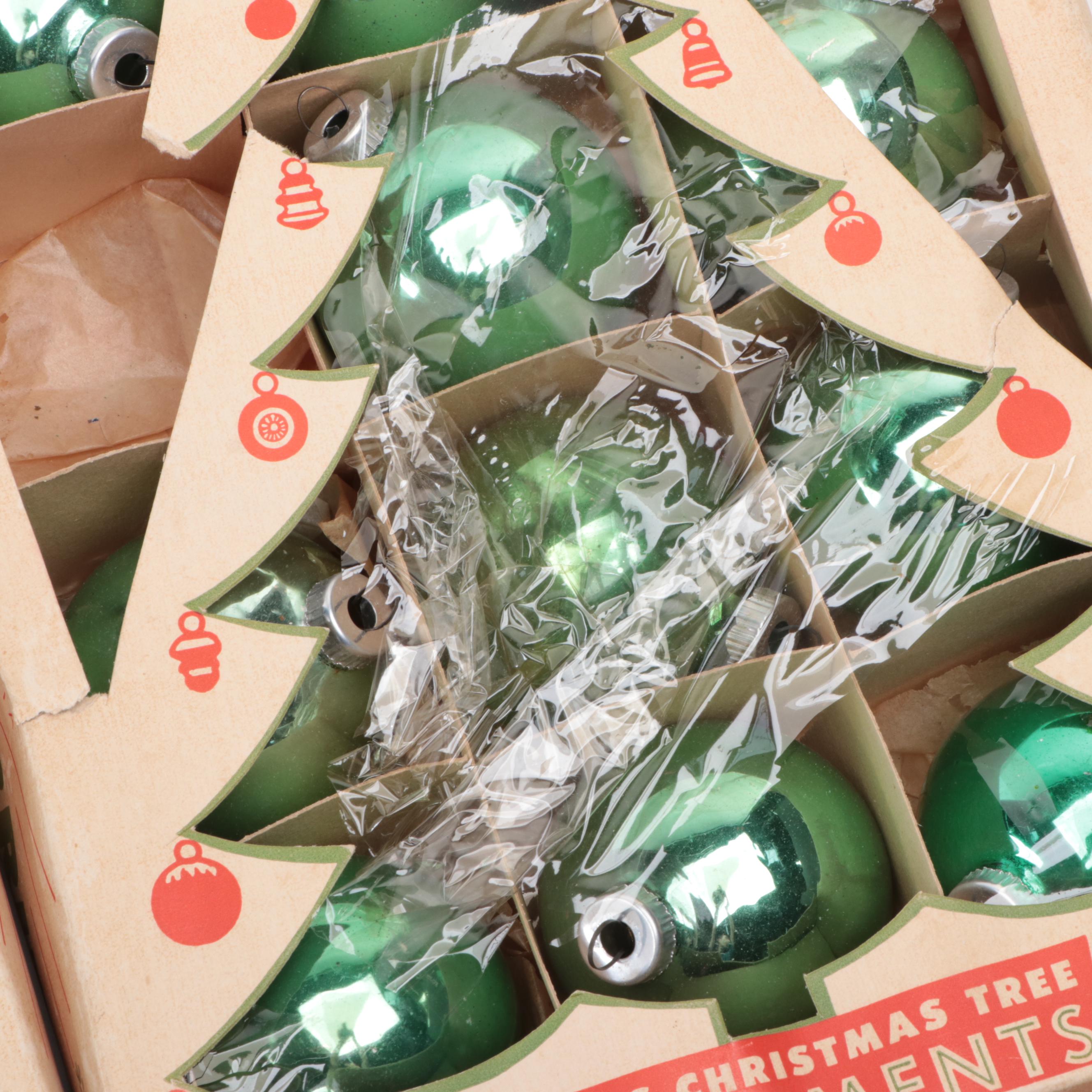 Shiny Brite Green Glass Ball Christmas Ornaments, Mid to Late 20th Century
