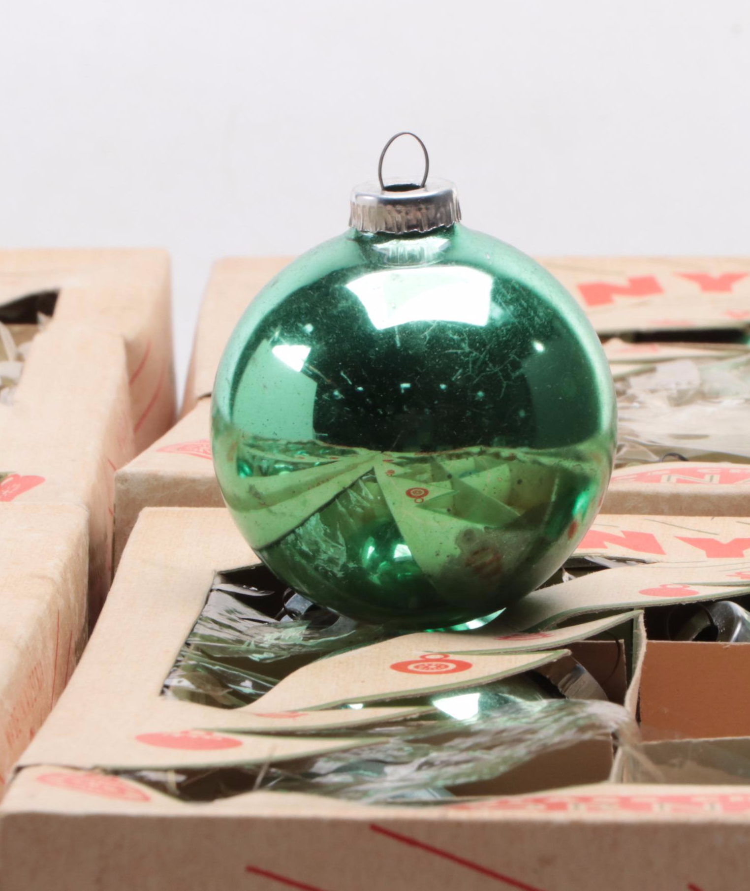 Shiny Brite Green Glass Ball Christmas Ornaments, Mid to Late 20th Century