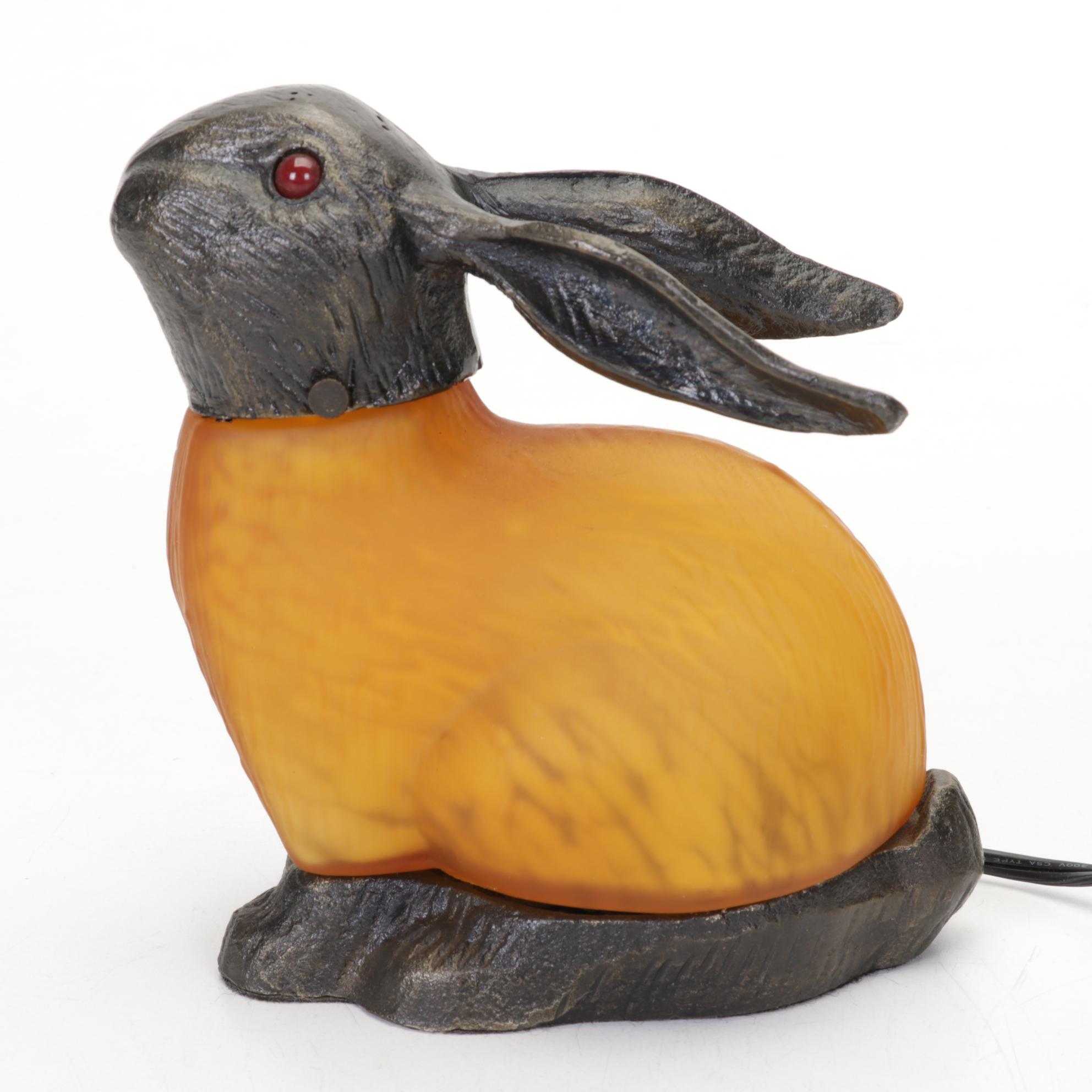 Mottled Amber Glass Rabbit Table Lamp, Porcelain Bird Clock, and More Figurines