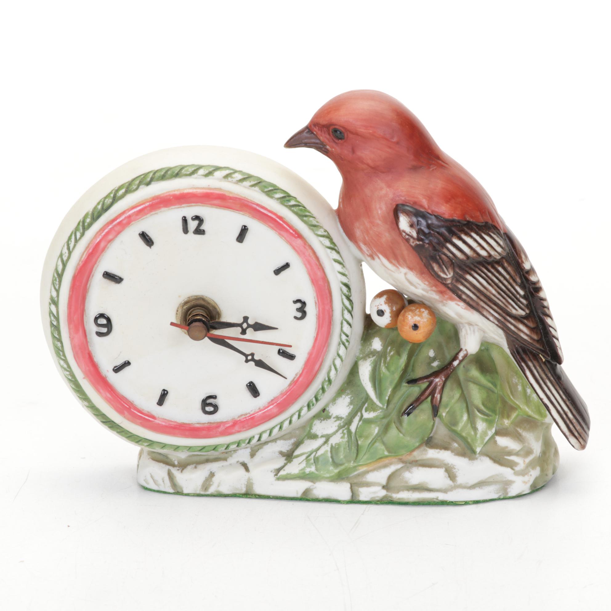 Mottled Amber Glass Rabbit Table Lamp, Porcelain Bird Clock, and More Figurines