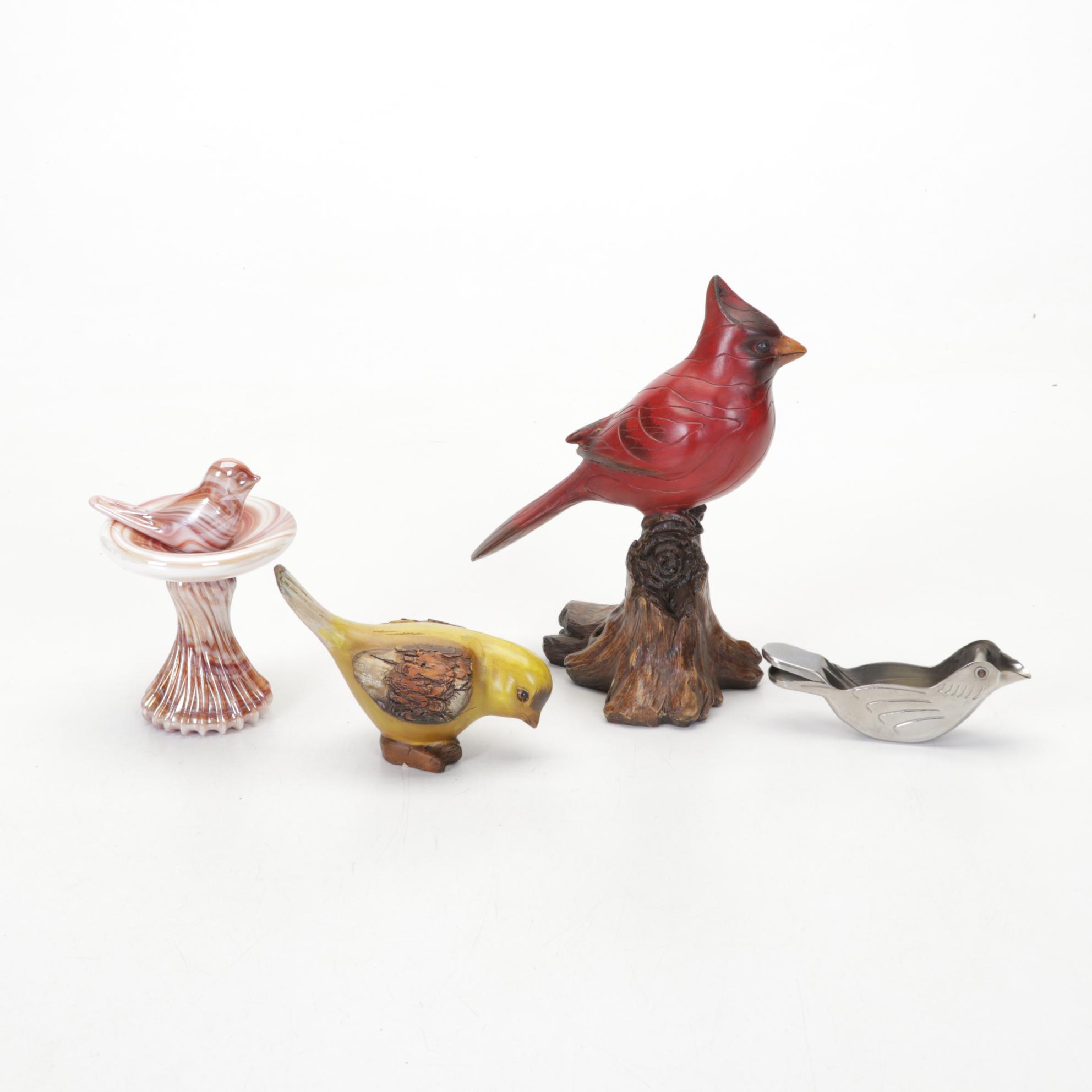 Mottled Amber Glass Rabbit Table Lamp, Porcelain Bird Clock, and More Figurines