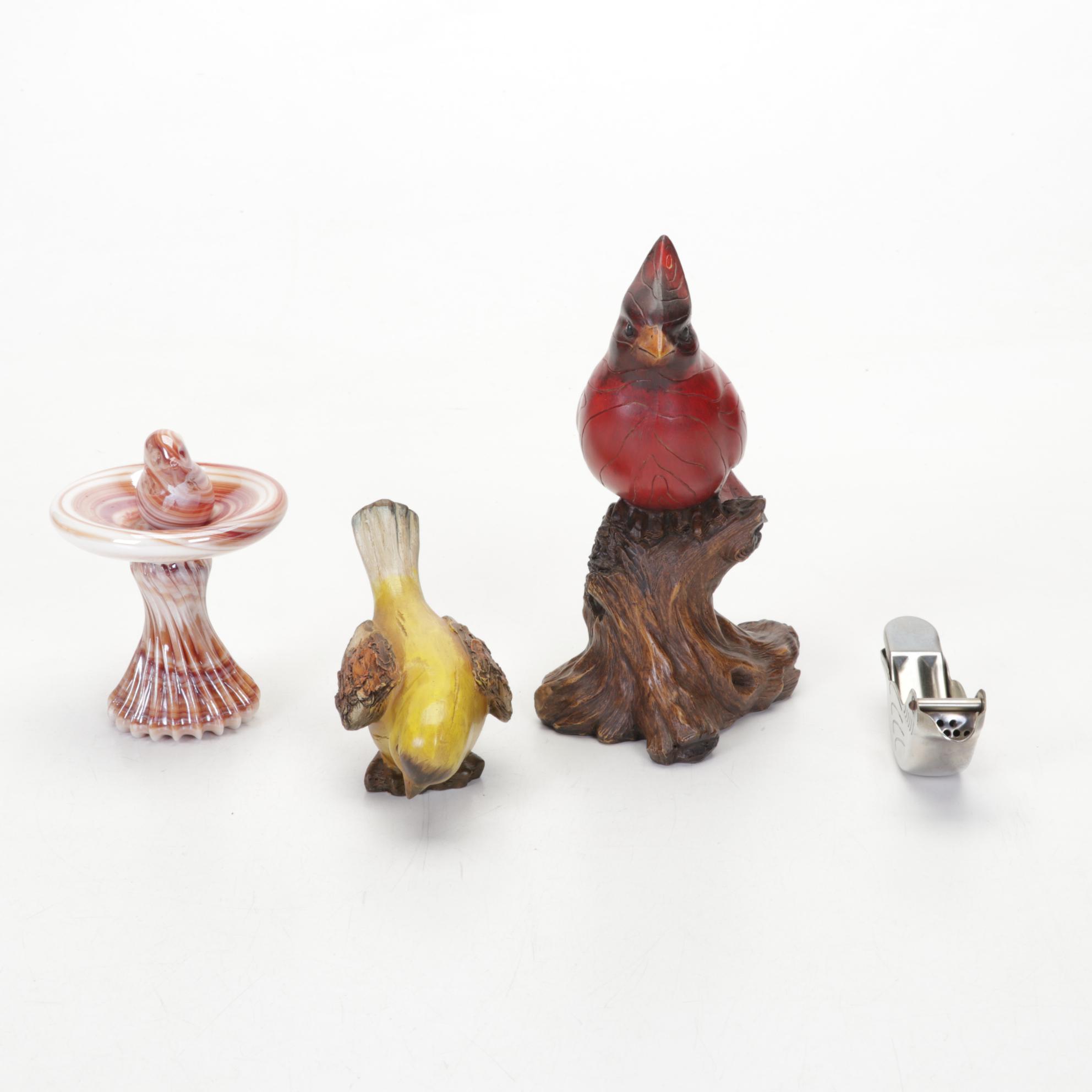 Mottled Amber Glass Rabbit Table Lamp, Porcelain Bird Clock, and More Figurines