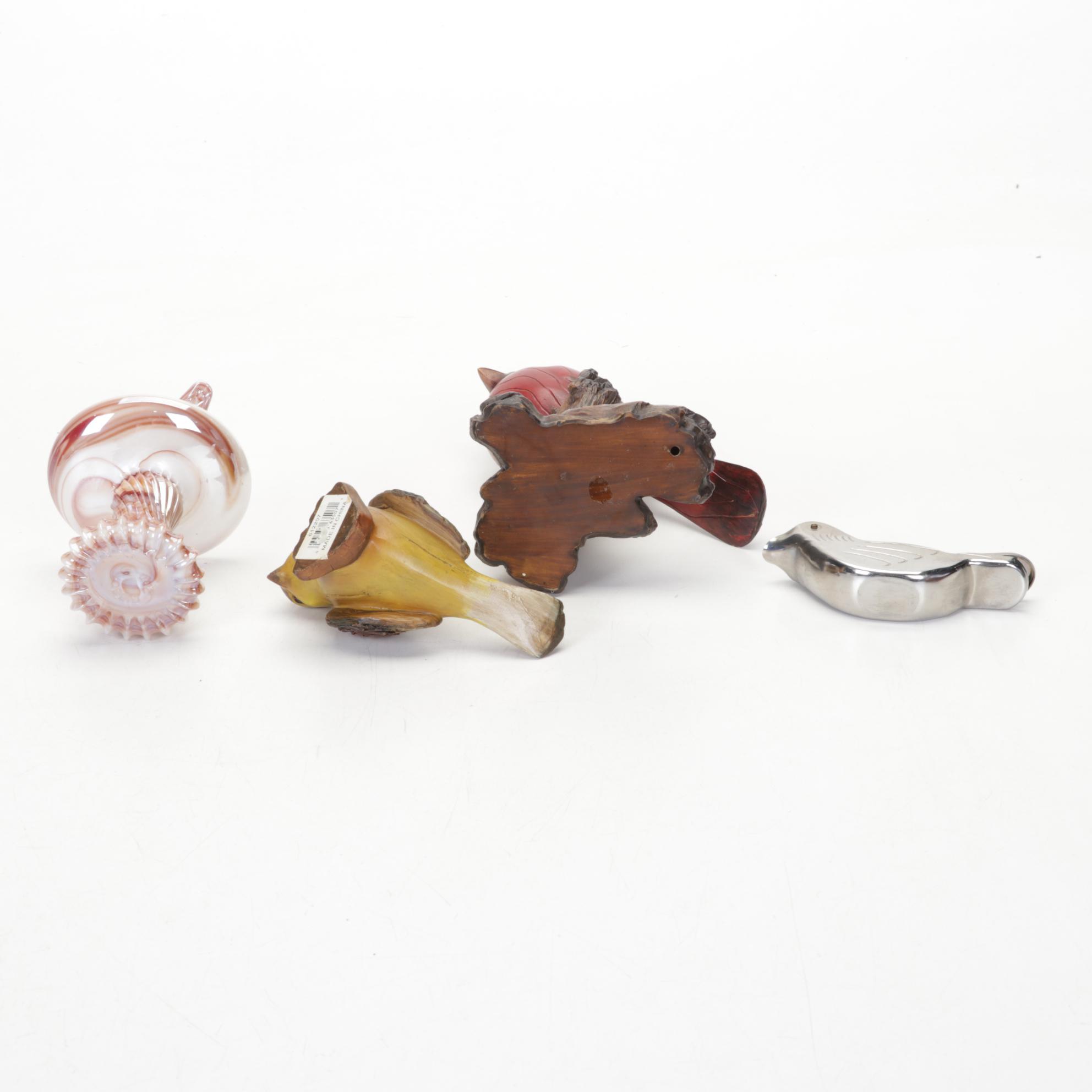 Mottled Amber Glass Rabbit Table Lamp, Porcelain Bird Clock, and More Figurines
