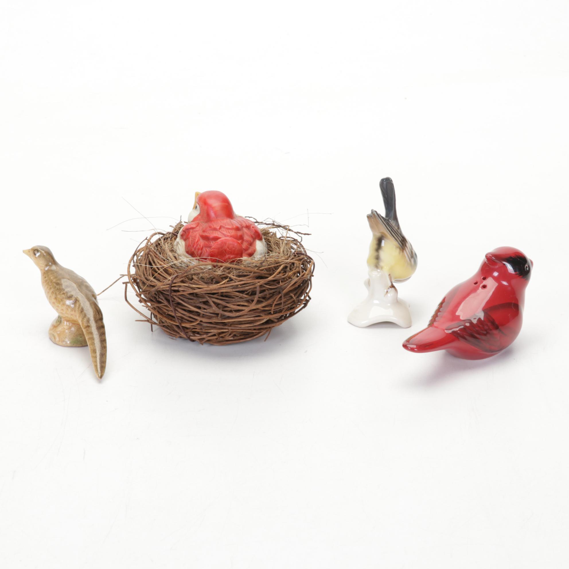 Mottled Amber Glass Rabbit Table Lamp, Porcelain Bird Clock, and More Figurines