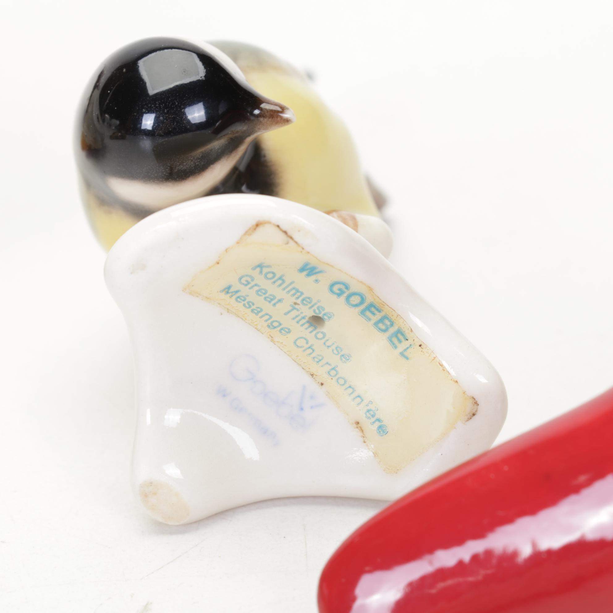 Mottled Amber Glass Rabbit Table Lamp, Porcelain Bird Clock, and More Figurines