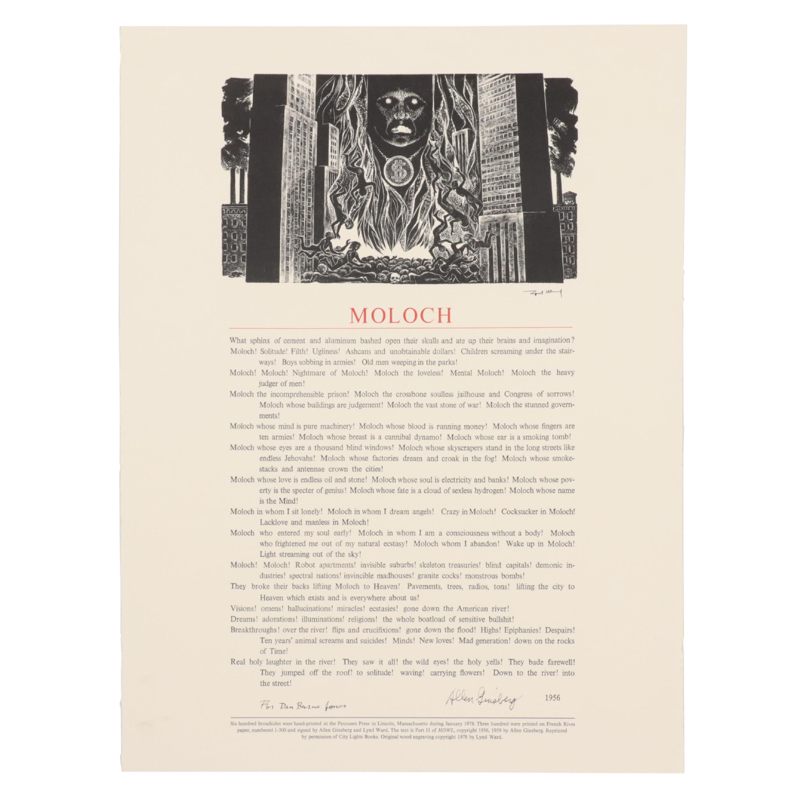 Lynd Ward Wood Engraving "Moloch," Signed by Allen Ginsberg