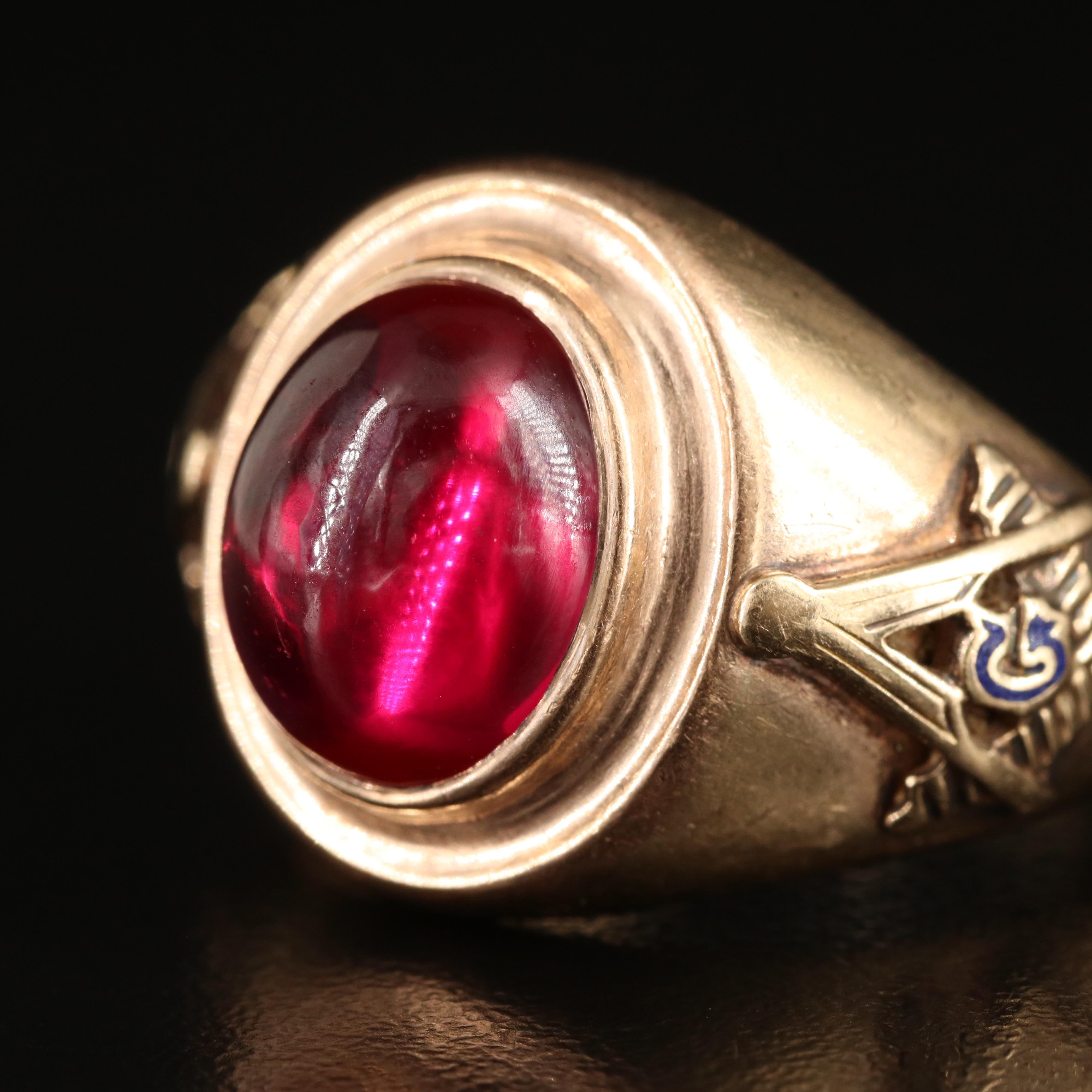 Vintage 10K Ruby Masonic Ring with Enamel Accents
