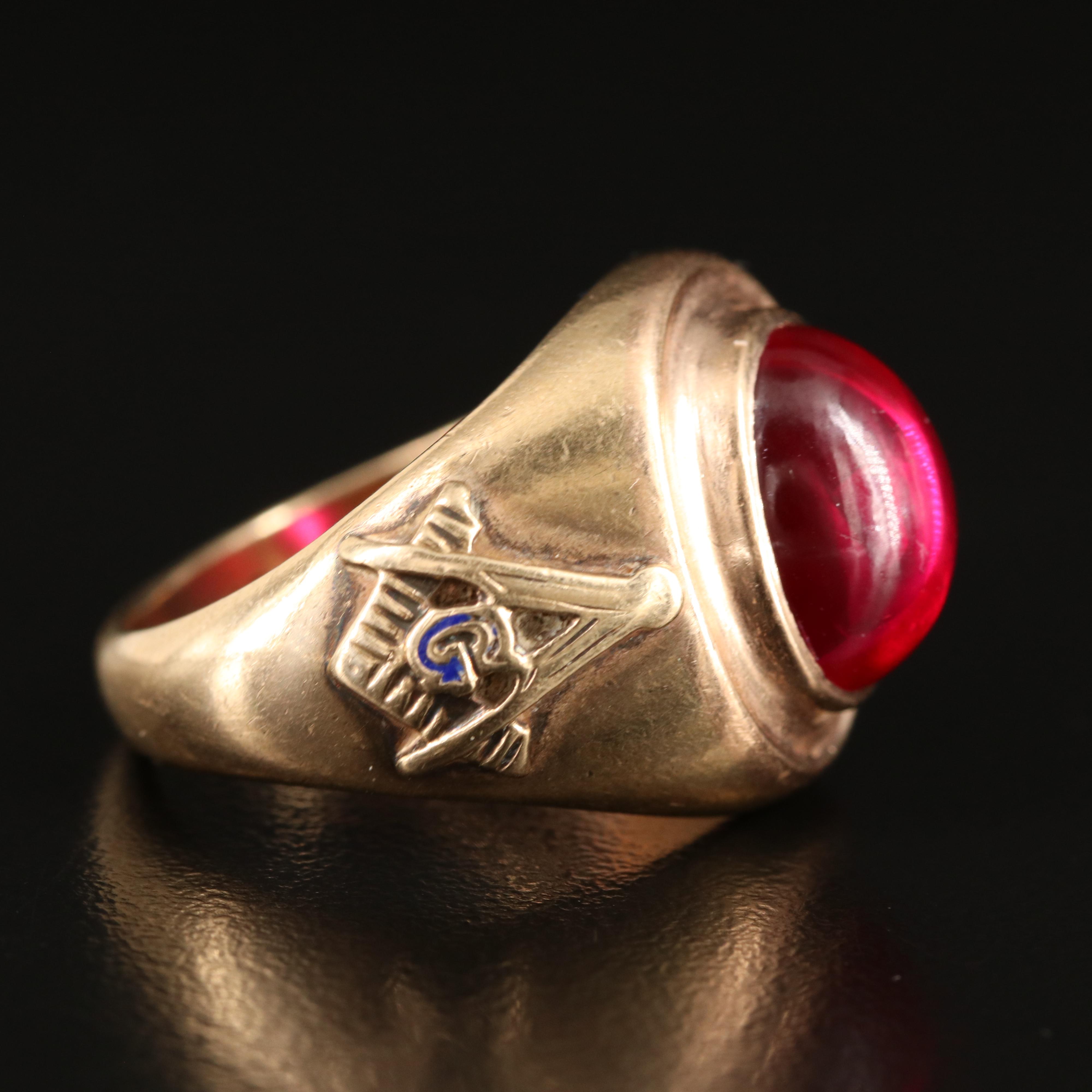 Vintage 10K Ruby Masonic Ring with Enamel Accents