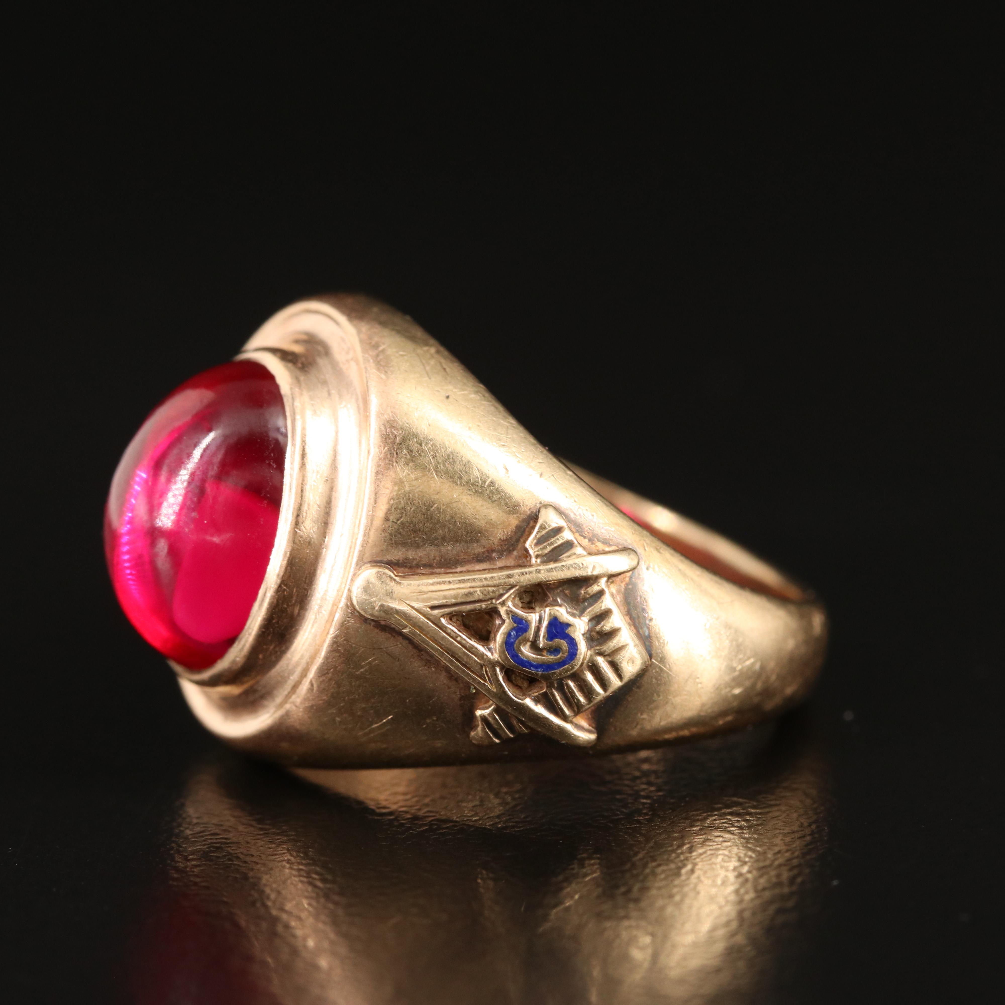 Vintage 10K Ruby Masonic Ring with Enamel Accents