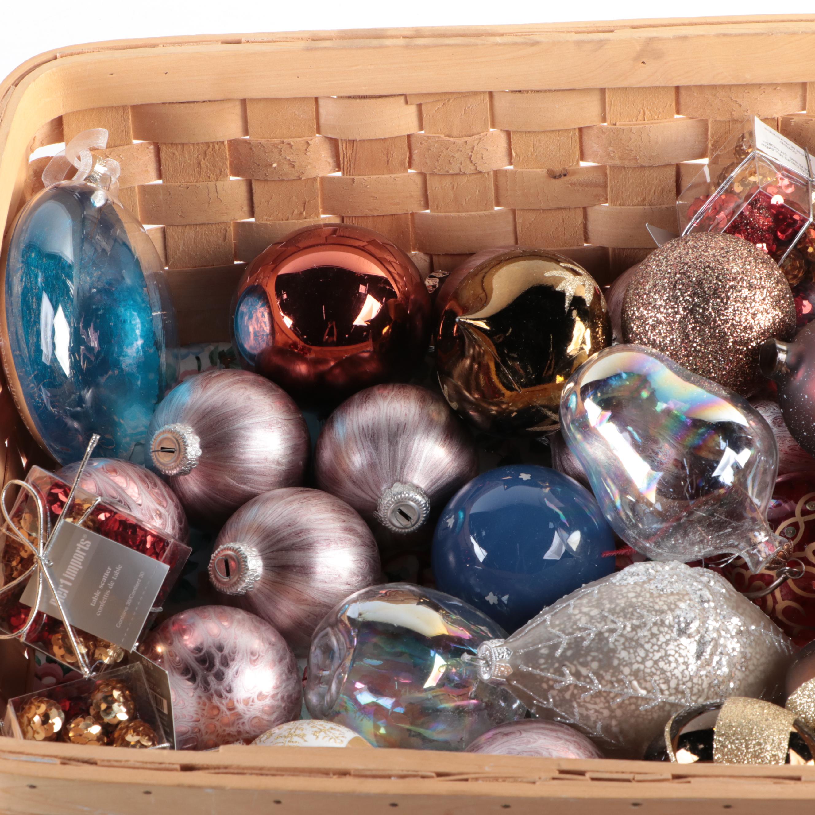 Hand Made Woven Wood Basket With Christmas Ornaments
