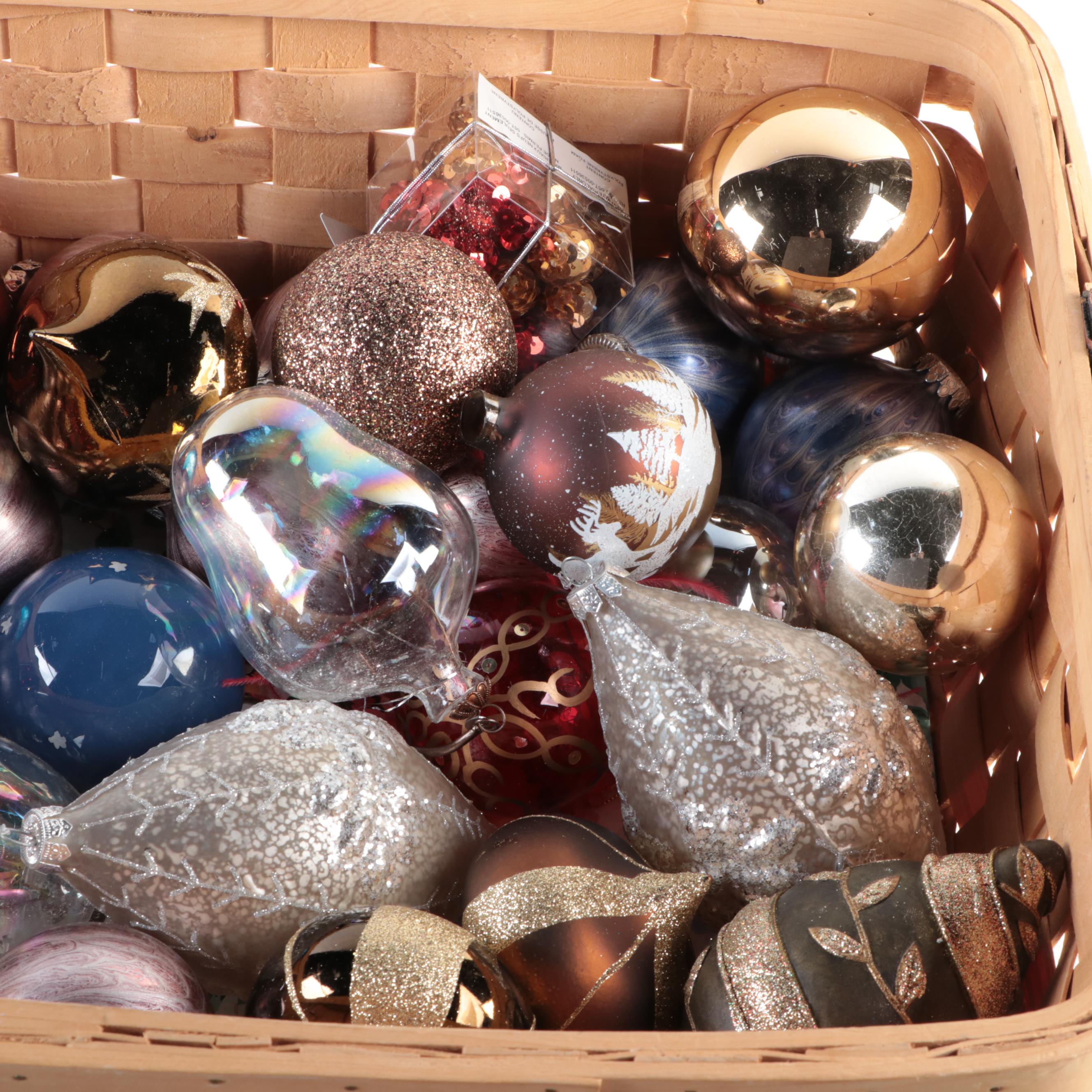 Hand Made Woven Wood Basket With Christmas Ornaments
