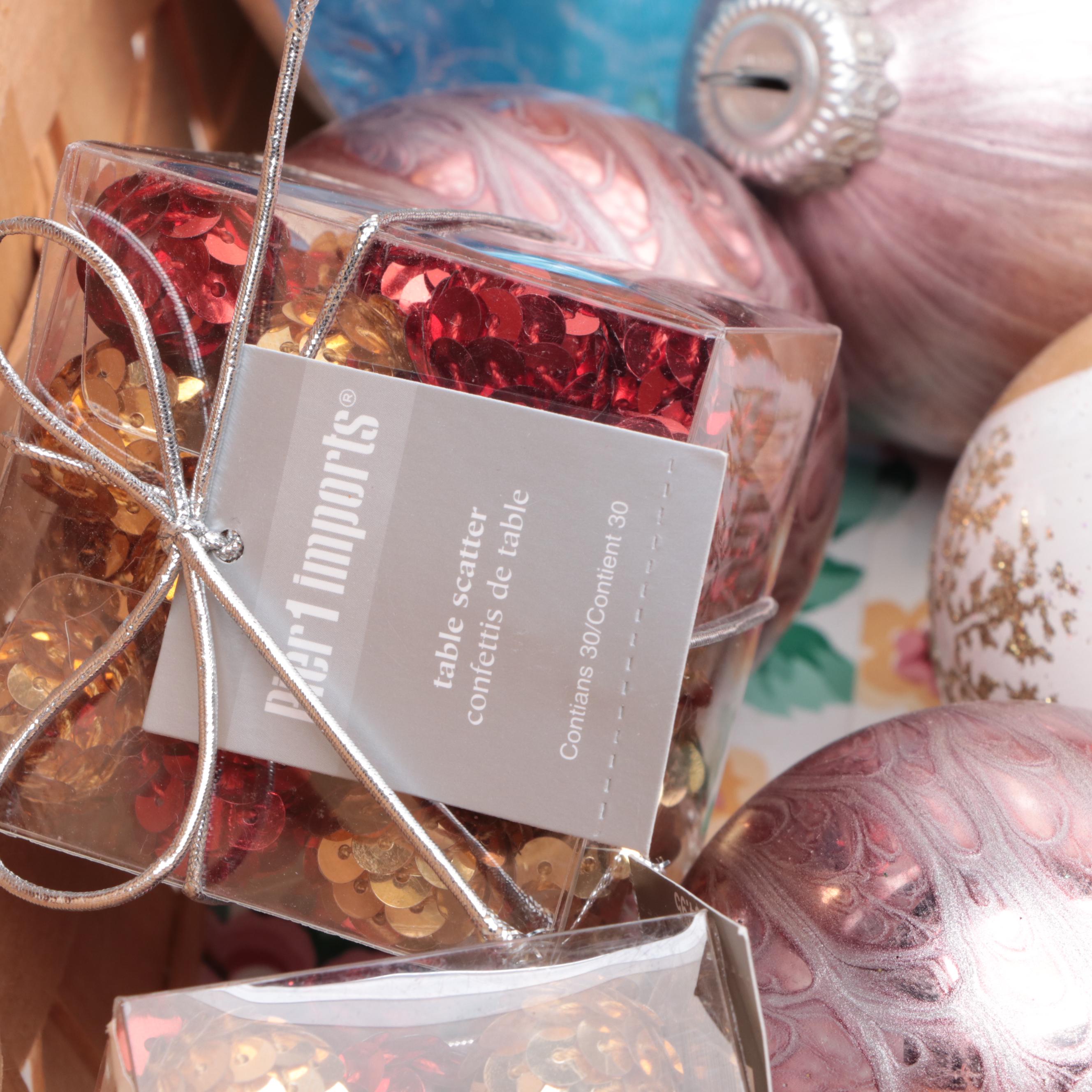 Hand Made Woven Wood Basket With Christmas Ornaments