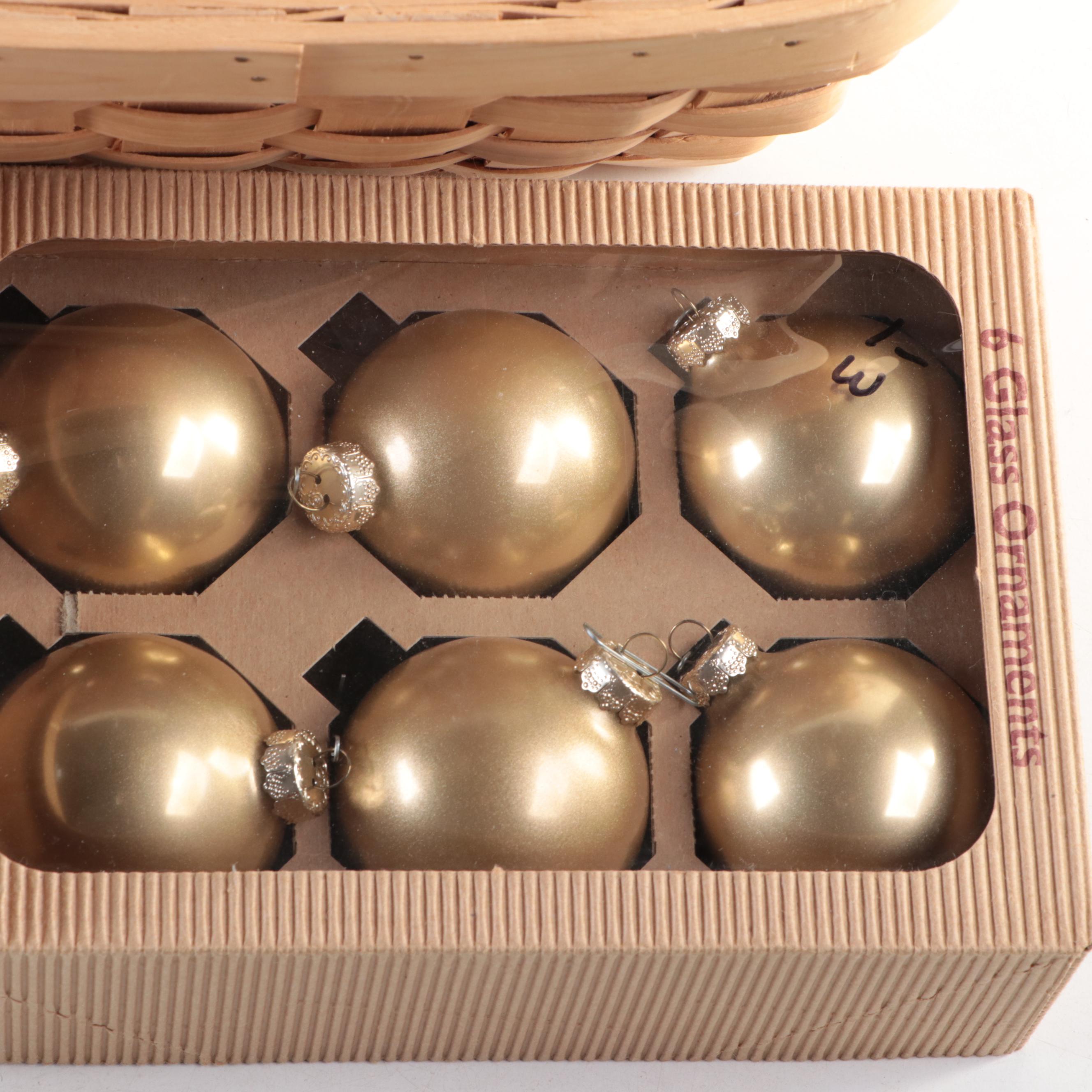 Hand Made Woven Wood Basket With Christmas Ornaments