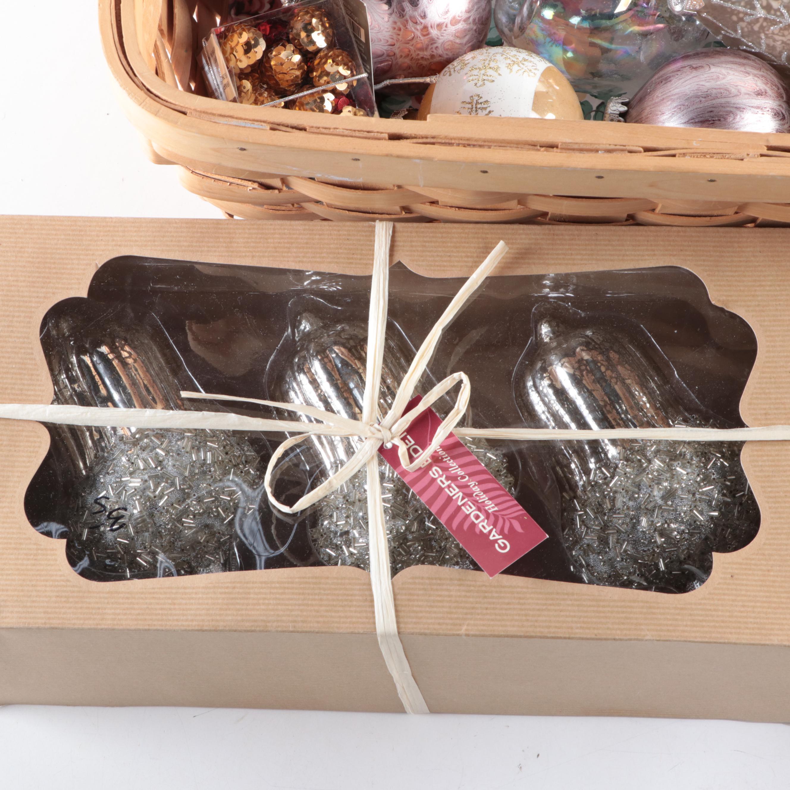 Hand Made Woven Wood Basket With Christmas Ornaments