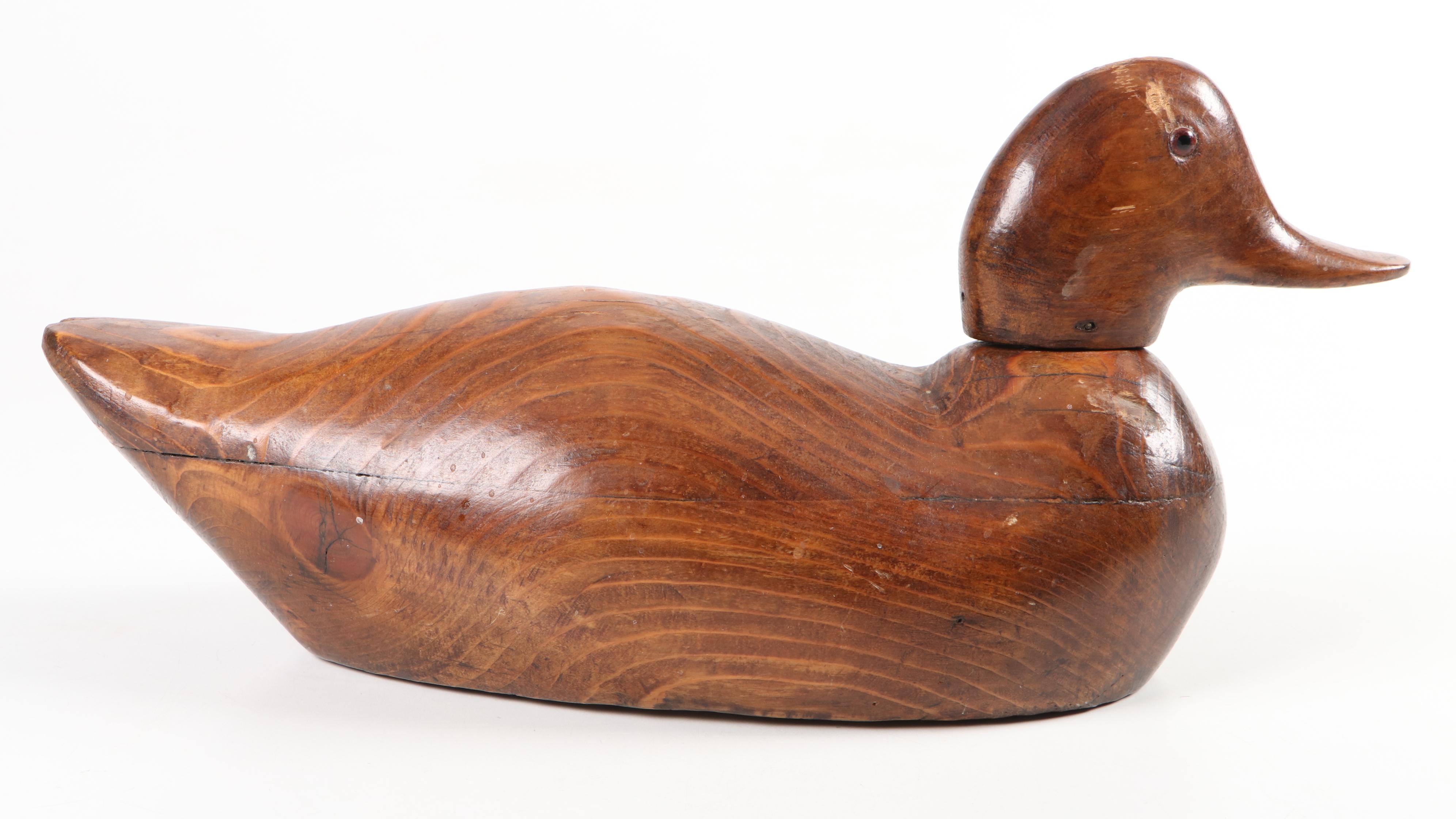 Handmade Carved Wood Duck Decoy with Glass Eyes