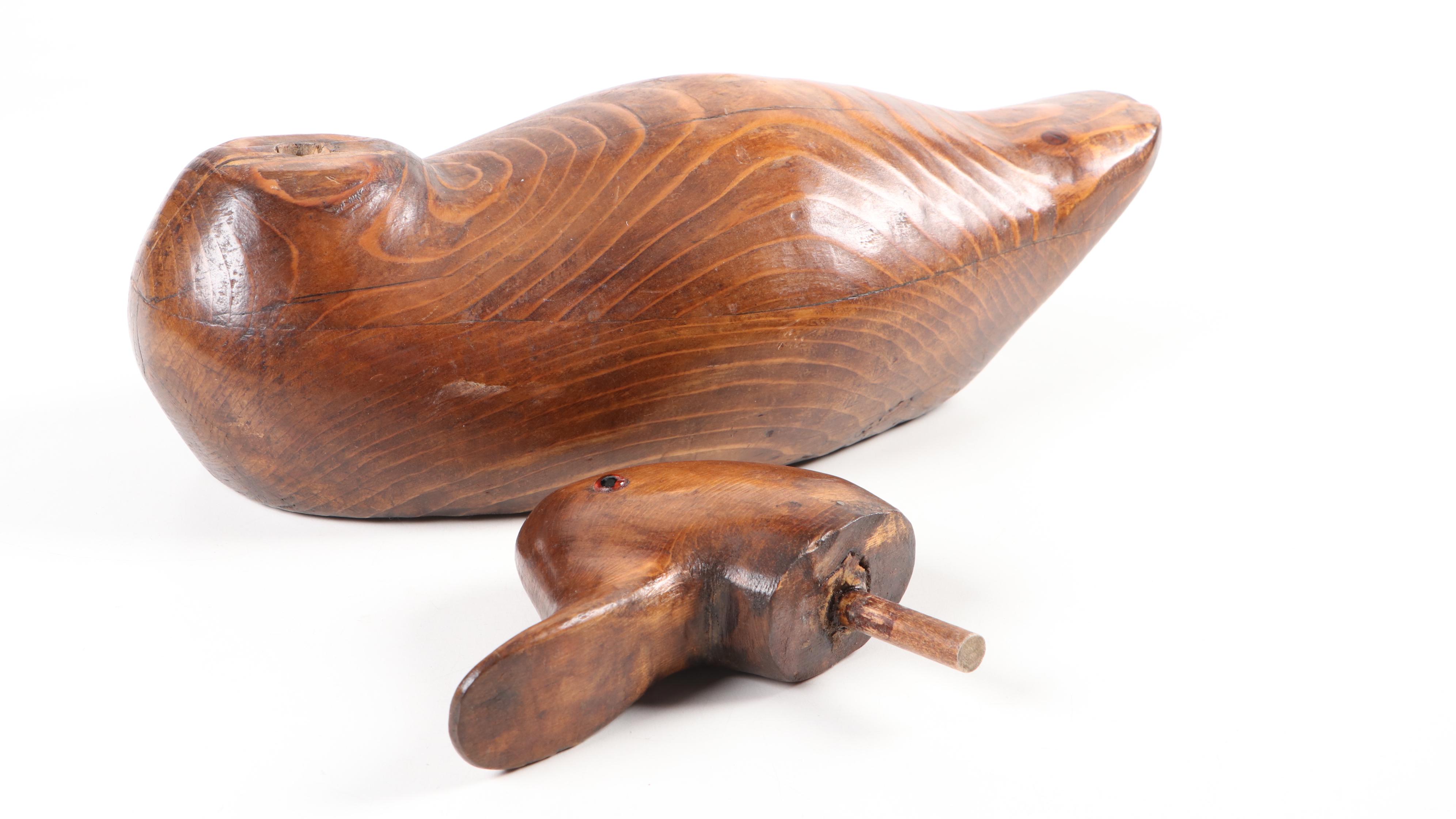 Handmade Carved Wood Duck Decoy with Glass Eyes