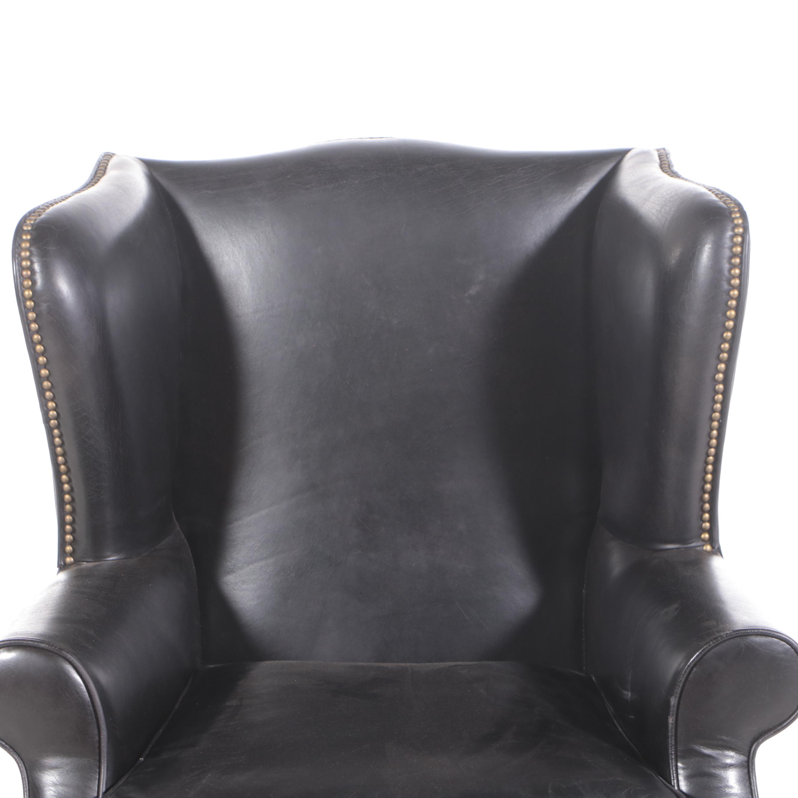 Brass Nailhead Trimmed Leather Wingback Armchair
