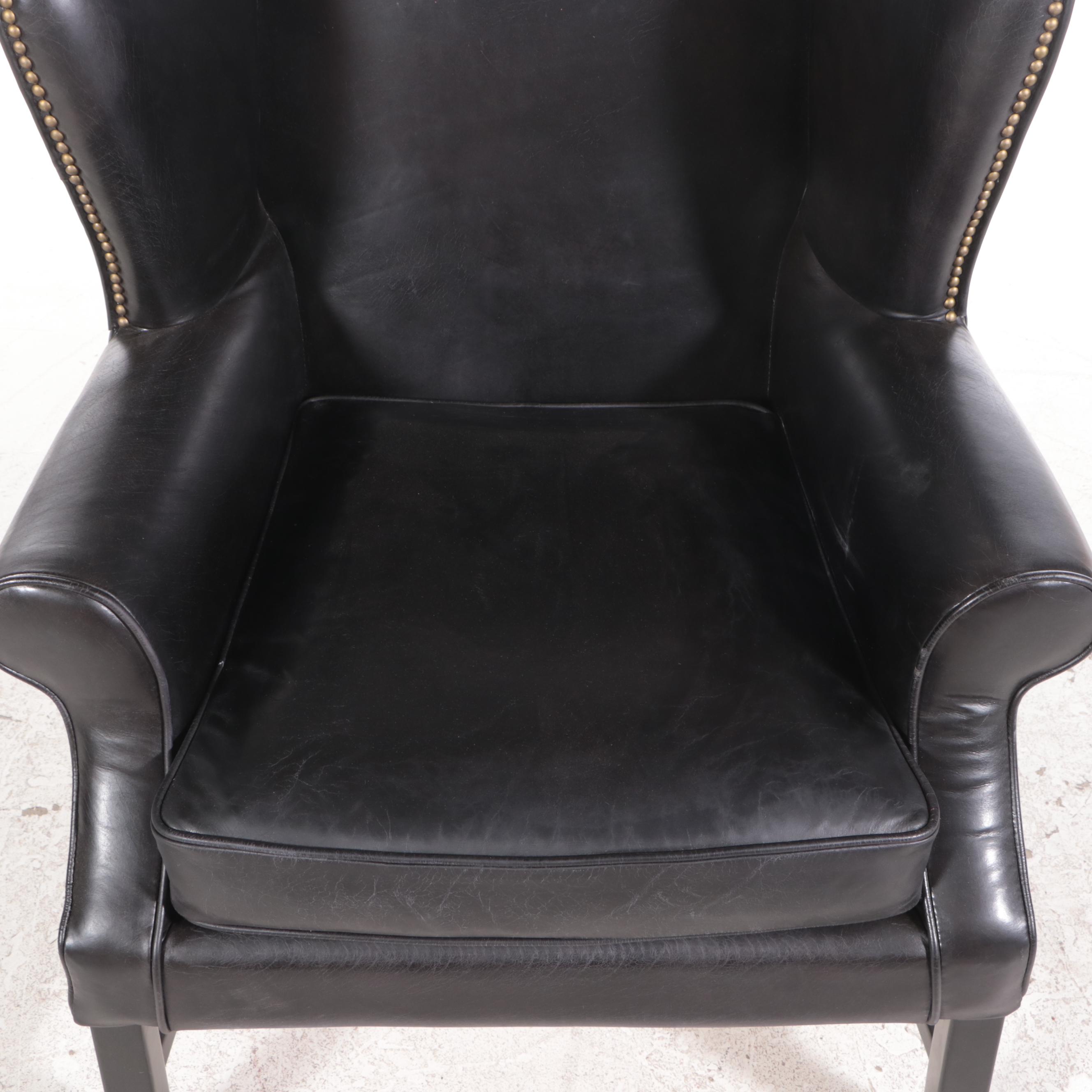 Brass Nailhead Trimmed Leather Wingback Armchair